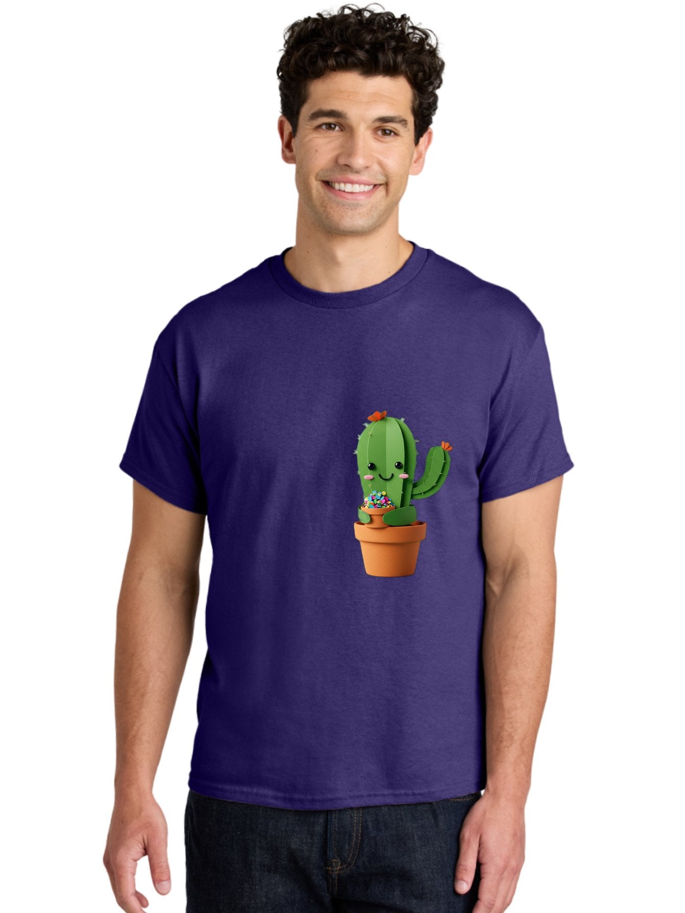 Cactus-Kawaii Men'S Graphic Tee, 100% Cotton, Comfortable Casual Summer Wear, Machine Washable, Cartoon Cactus, Cuddly Character, Pot Of Candy, Smiling Face, Cute Design, Adorable Illustration, Kawaii Art Bac753 26