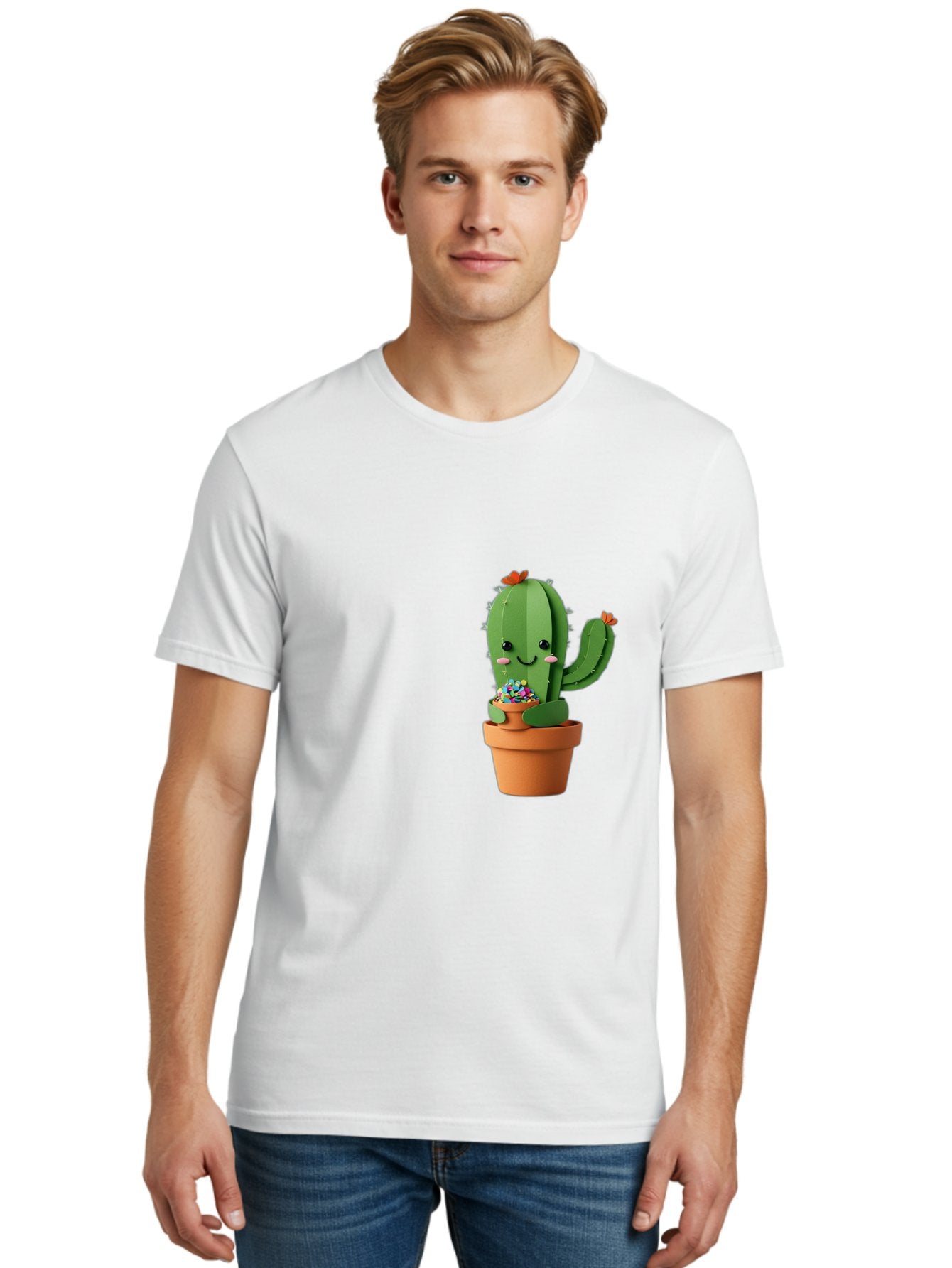Cactus-Kawaii Men'S Graphic Tee, 100% Cotton, Comfortable Casual Summer Wear, Machine Washable, Cartoon Cactus, Cuddly Character, Pot Of Candy, Smiling Face, Cute Design, Adorable Illustration, Kawaii Art Bac753 30