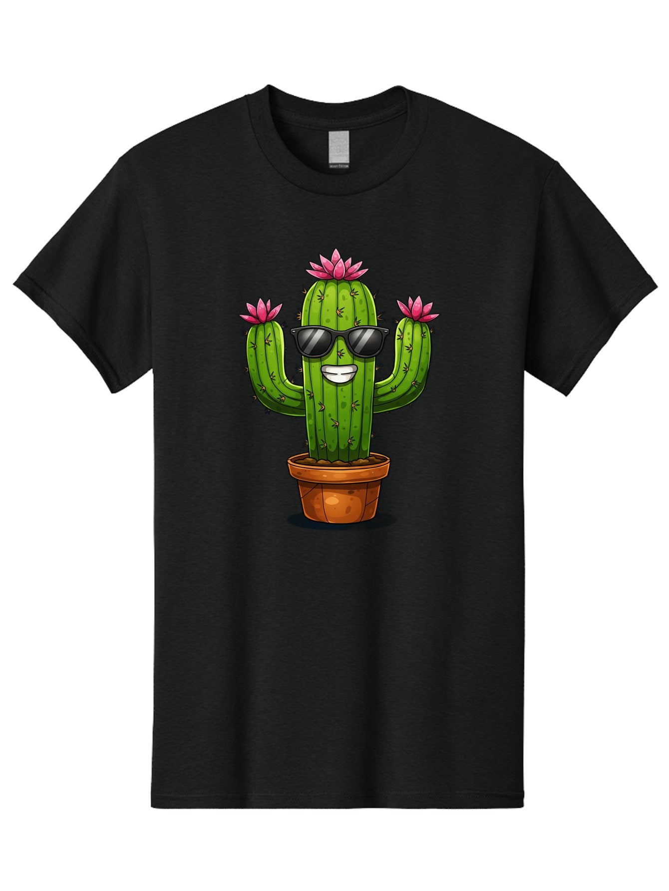 Cactus-Sunglasses-1 Men'S Graphic Tee, 100% Cotton, Comfortable Casual Summer Wear, Machine Washable, Funny Cactus, Sunglasses, Cartoon Style, Pink Flowers, Terracotta Pot, Smiling Face, Quirky Character, Houseplant Decor, Desert Vibes, Bac754 6
