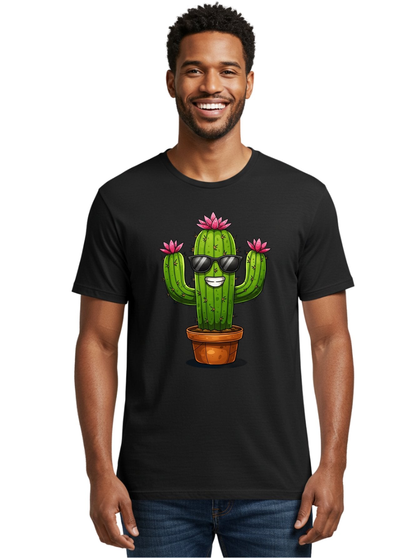 Cactus-Sunglasses-1 Men'S Graphic Tee, 100% Cotton, Comfortable Casual Summer Wear, Machine Washable, Funny Cactus, Sunglasses, Cartoon Style, Pink Flowers, Terracotta Pot, Smiling Face, Quirky Character, Houseplant Decor, Desert Vibes, Bac754 24
