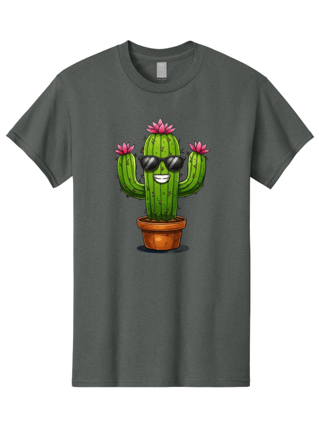 Cactus-Sunglasses-1 Men'S Graphic Tee, 100% Cotton, Comfortable Casual Summer Wear, Machine Washable, Funny Cactus, Sunglasses, Cartoon Style, Pink Flowers, Terracotta Pot, Smiling Face, Quirky Character, Houseplant Decor, Desert Vibes, Bac754