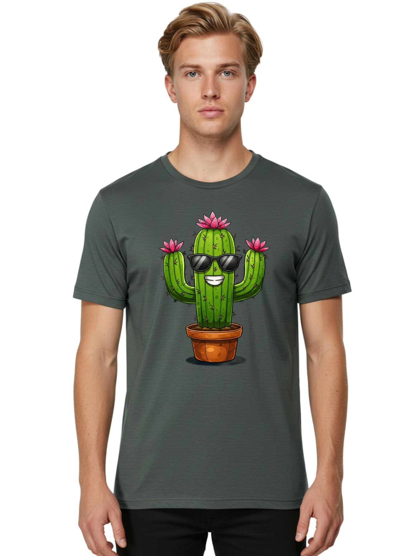 Cactus-Sunglasses-1 Men'S Graphic Tee, 100% Cotton, Comfortable Casual Summer Wear, Machine Washable, Funny Cactus, Sunglasses, Cartoon Style, Pink Flowers, Terracotta Pot, Smiling Face, Quirky Character, Houseplant Decor, Desert Vibes, Bac754 19