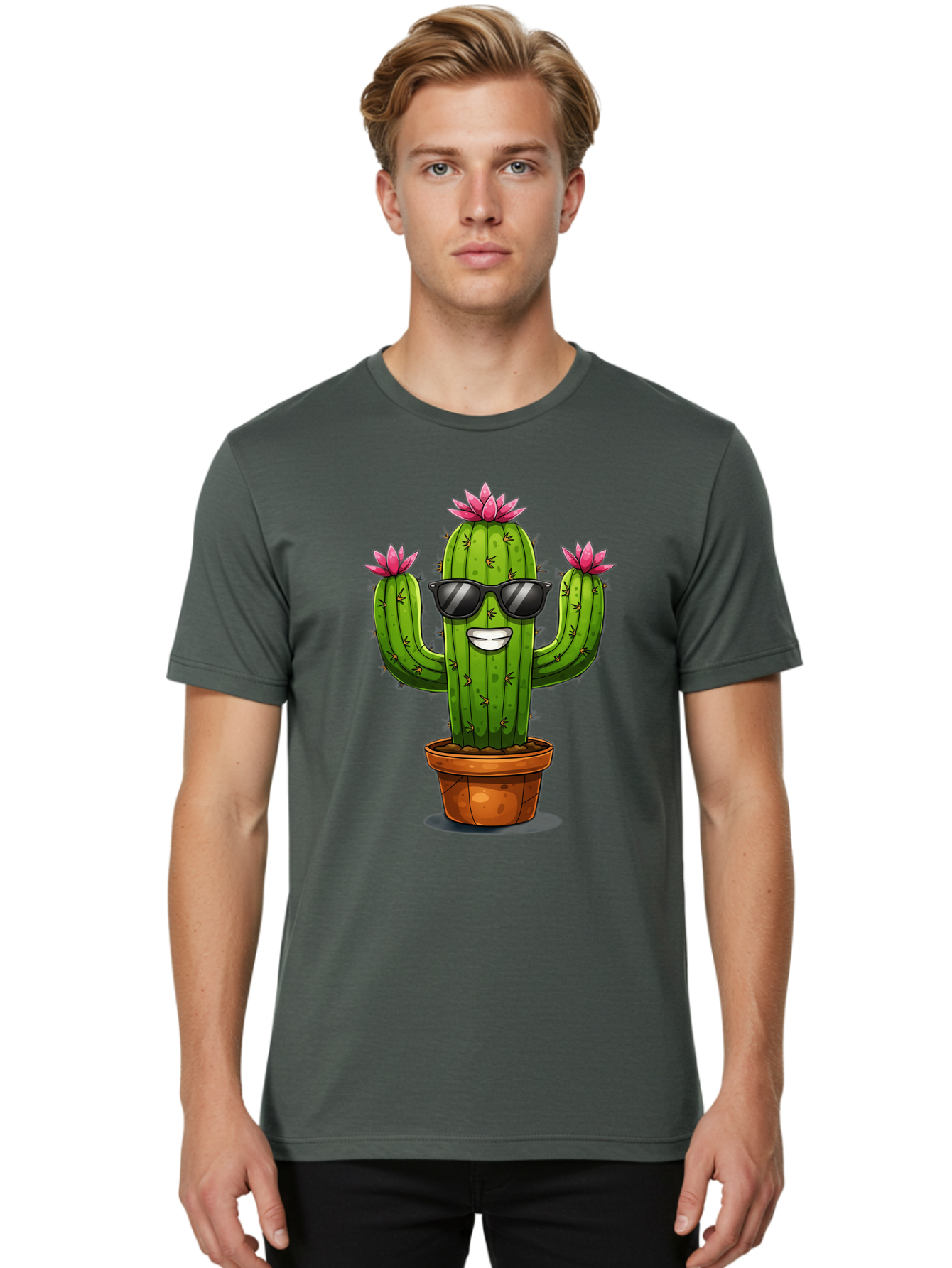 Cactus-Sunglasses-1 Men'S Graphic Tee, 100% Cotton, Comfortable Casual Summer Wear, Machine Washable, Funny Cactus, Sunglasses, Cartoon Style, Pink Flowers, Terracotta Pot, Smiling Face, Quirky Character, Houseplant Decor, Desert Vibes, Bac754 26