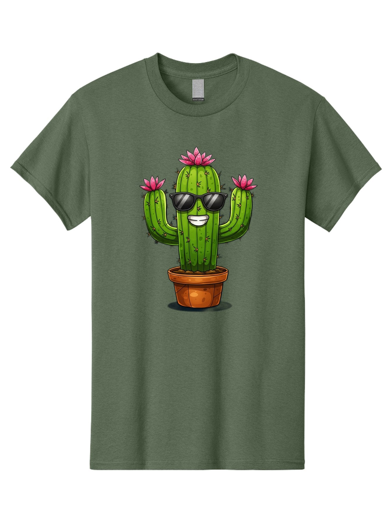 Cactus-Sunglasses-1 Men'S Graphic Tee, 100% Cotton, Comfortable Casual Summer Wear, Machine Washable, Funny Cactus, Sunglasses, Cartoon Style, Pink Flowers, Terracotta Pot, Smiling Face, Quirky Character, Houseplant Decor, Desert Vibes, Bac754