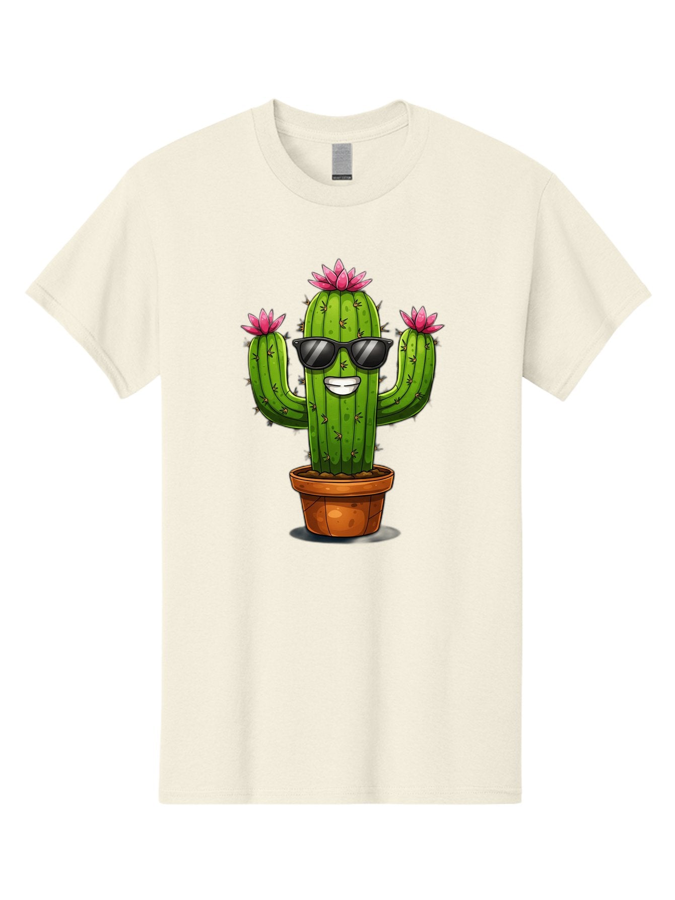 Cactus-Sunglasses-1 Men'S Graphic Tee, 100% Cotton, Comfortable Casual Summer Wear, Machine Washable, Funny Cactus, Sunglasses, Cartoon Style, Pink Flowers, Terracotta Pot, Smiling Face, Quirky Character, Houseplant Decor, Desert Vibes, Bac754 5