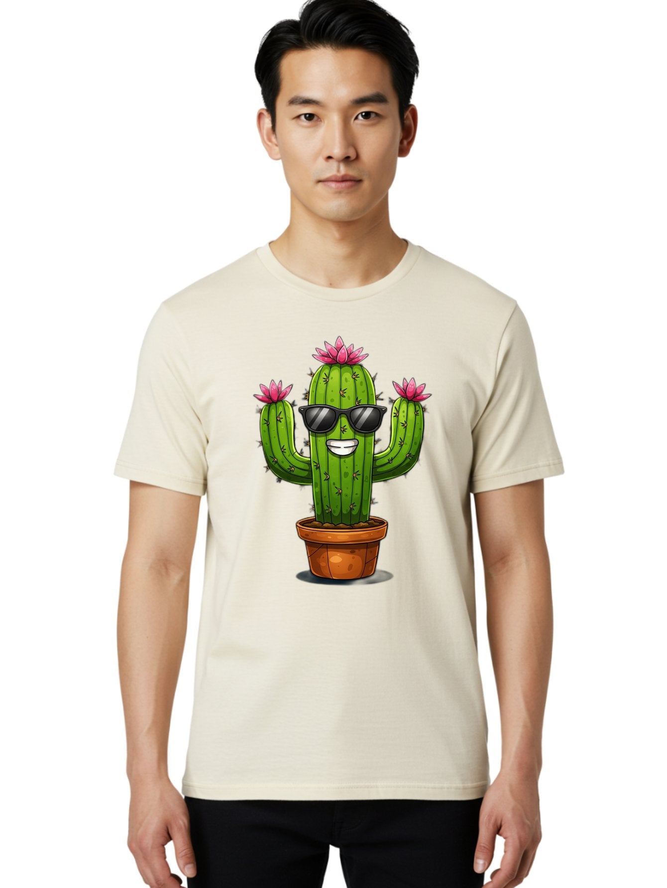 Cactus-Sunglasses-1 Men'S Graphic Tee, 100% Cotton, Comfortable Casual Summer Wear, Machine Washable, Funny Cactus, Sunglasses, Cartoon Style, Pink Flowers, Terracotta Pot, Smiling Face, Quirky Character, Houseplant Decor, Desert Vibes, Bac754 23