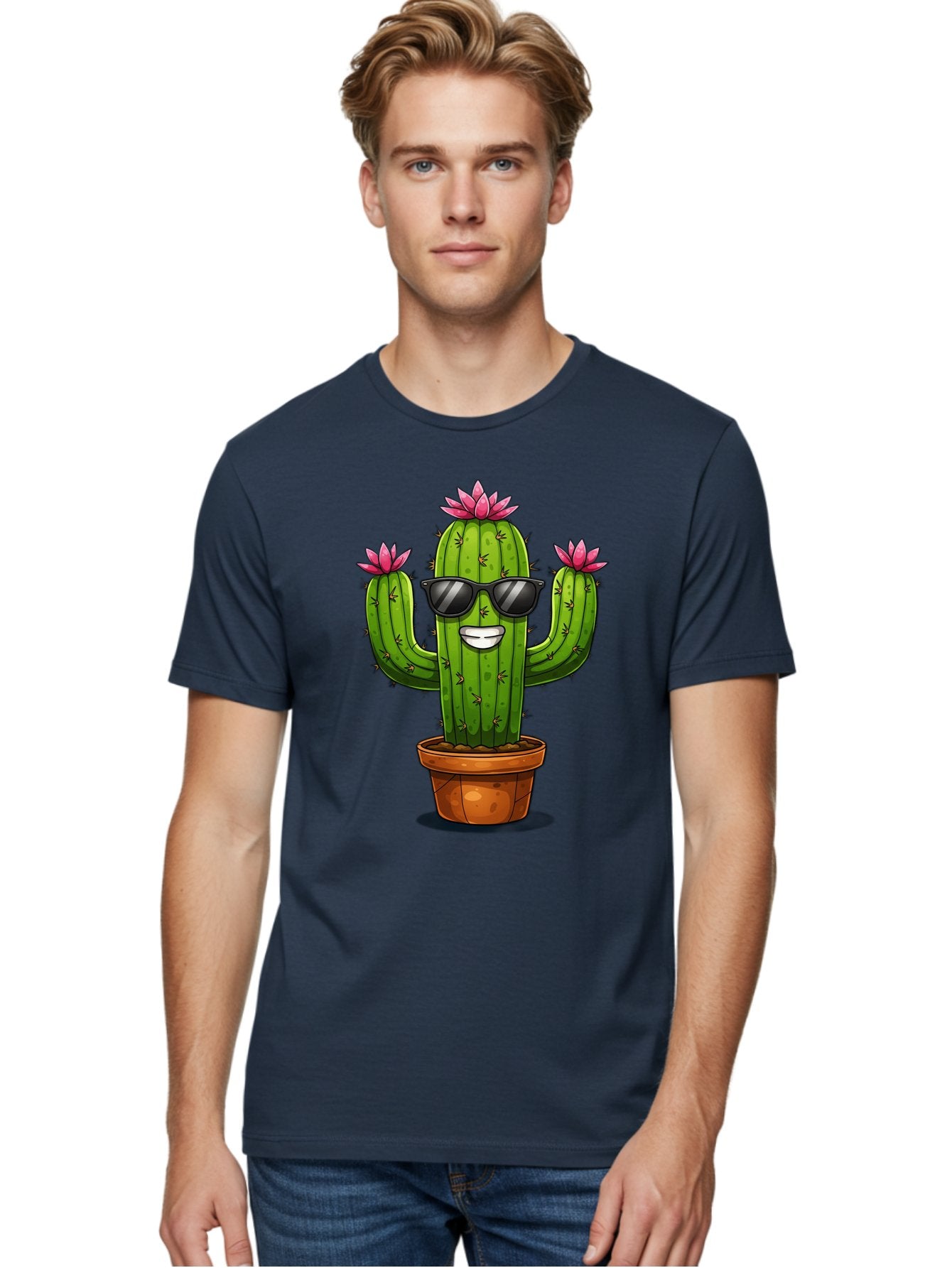 Cactus-Sunglasses-1 Men'S Graphic Tee, 100% Cotton, Comfortable Casual Summer Wear, Machine Washable, Funny Cactus, Sunglasses, Cartoon Style, Pink Flowers, Terracotta Pot, Smiling Face, Quirky Character, Houseplant Decor, Desert Vibes, Bac754 17