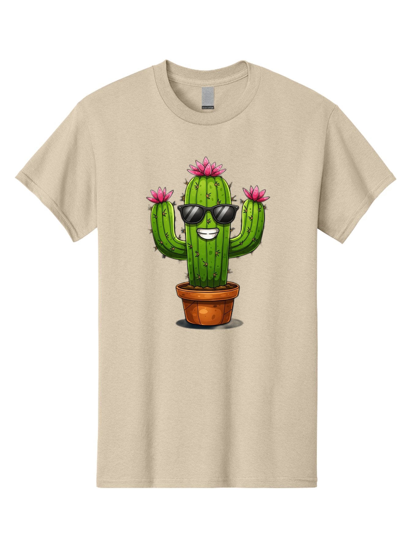 Cactus-Sunglasses-1 Men'S Graphic Tee, 100% Cotton, Comfortable Casual Summer Wear, Machine Washable, Funny Cactus, Sunglasses, Cartoon Style, Pink Flowers, Terracotta Pot, Smiling Face, Quirky Character, Houseplant Decor, Desert Vibes, Bac754 3