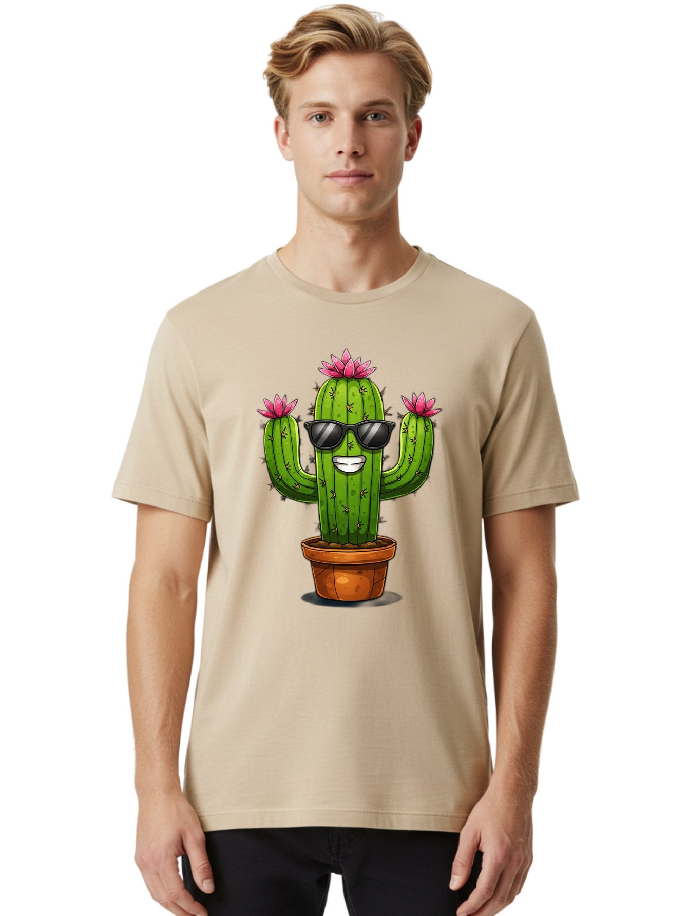 Cactus-Sunglasses-1 Men'S Graphic Tee, 100% Cotton, Comfortable Casual Summer Wear, Machine Washable, Funny Cactus, Sunglasses, Cartoon Style, Pink Flowers, Terracotta Pot, Smiling Face, Quirky Character, Houseplant Decor, Desert Vibes, Bac754 22