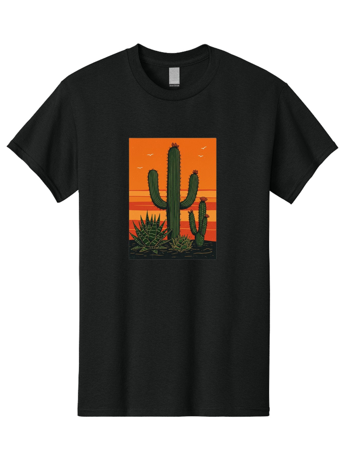 Cactus-Sunset-1 Men'S Graphic Tee, 100% Cotton, Comfortable Casual Summer Wear, Machine Washable, Cactus And Agave Plants, Desert Landscape, Vibrant Sunset, Orange And Yellow Hues, Natural Beauty, Outdoor Scenery, Peaceful Atmosphere, Bac756 12