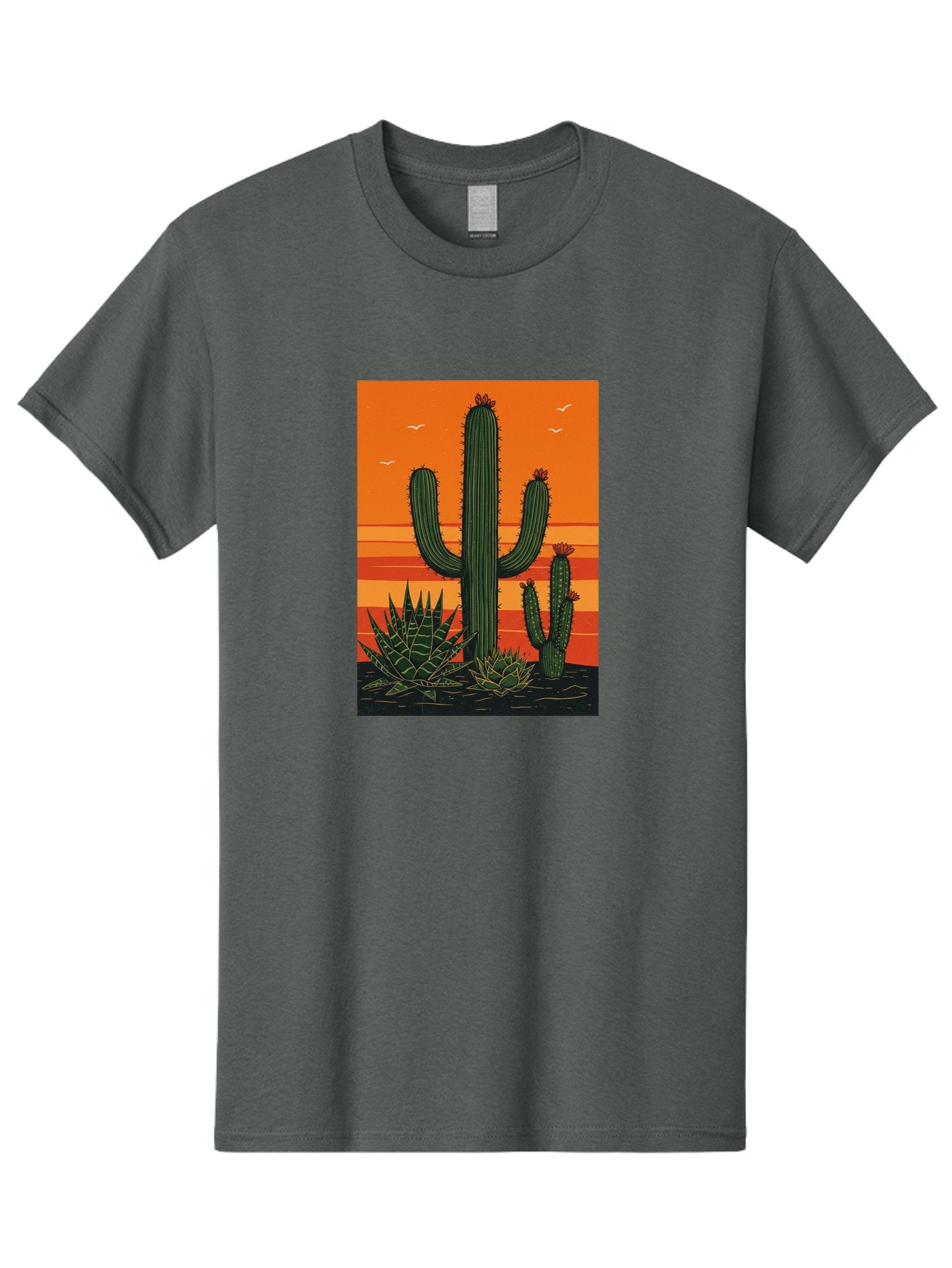 Cactus-Sunset-1 Men'S Graphic Tee, 100% Cotton, Comfortable Casual Summer Wear, Machine Washable, Cactus And Agave Plants, Desert Landscape, Vibrant Sunset, Orange And Yellow Hues, Natural Beauty, Outdoor Scenery, Peaceful Atmosphere, Bac756 6