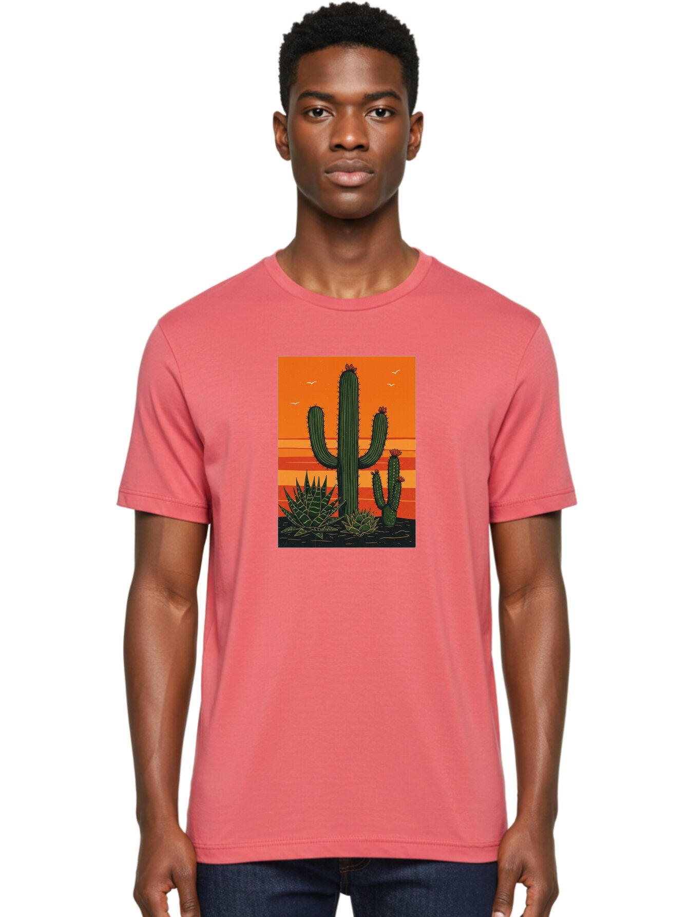 Cactus-Sunset-1 Men'S Graphic Tee, 100% Cotton, Comfortable Casual Summer Wear, Machine Washable, Cactus And Agave Plants, Desert Landscape, Vibrant Sunset, Orange And Yellow Hues, Natural Beauty, Outdoor Scenery, Peaceful Atmosphere, Bac756 16