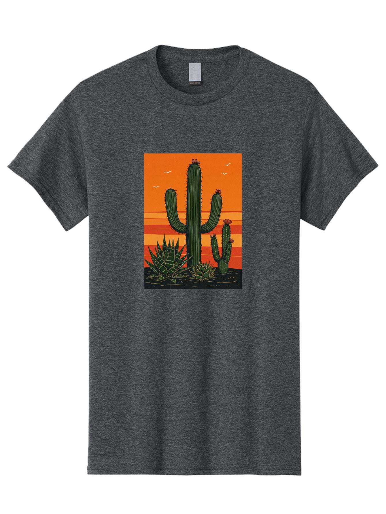 Cactus-Sunset-1 Men'S Graphic Tee, 100% Cotton, Comfortable Casual Summer Wear, Machine Washable, Cactus And Agave Plants, Desert Landscape, Vibrant Sunset, Orange And Yellow Hues, Natural Beauty, Outdoor Scenery, Peaceful Atmosphere, Bac756