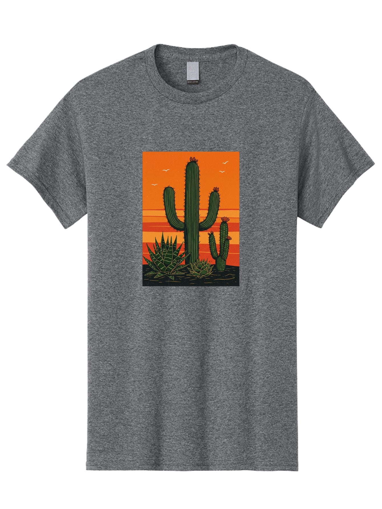 Cactus-Sunset-1 Men'S Graphic Tee, 100% Cotton, Comfortable Casual Summer Wear, Machine Washable, Cactus And Agave Plants, Desert Landscape, Vibrant Sunset, Orange And Yellow Hues, Natural Beauty, Outdoor Scenery, Peaceful Atmosphere, Bac756 3