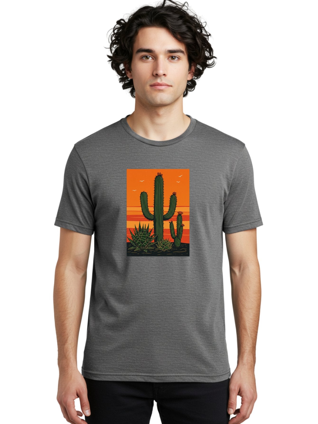 Cactus-Sunset-1 Men'S Graphic Tee, 100% Cotton, Comfortable Casual Summer Wear, Machine Washable, Cactus And Agave Plants, Desert Landscape, Vibrant Sunset, Orange And Yellow Hues, Natural Beauty, Outdoor Scenery, Peaceful Atmosphere, Bac756 22