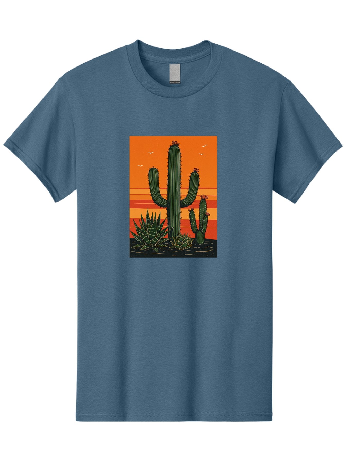 Cactus-Sunset-1 Men'S Graphic Tee, 100% Cotton, Comfortable Casual Summer Wear, Machine Washable, Cactus And Agave Plants, Desert Landscape, Vibrant Sunset, Orange And Yellow Hues, Natural Beauty, Outdoor Scenery, Peaceful Atmosphere, Bac756 15