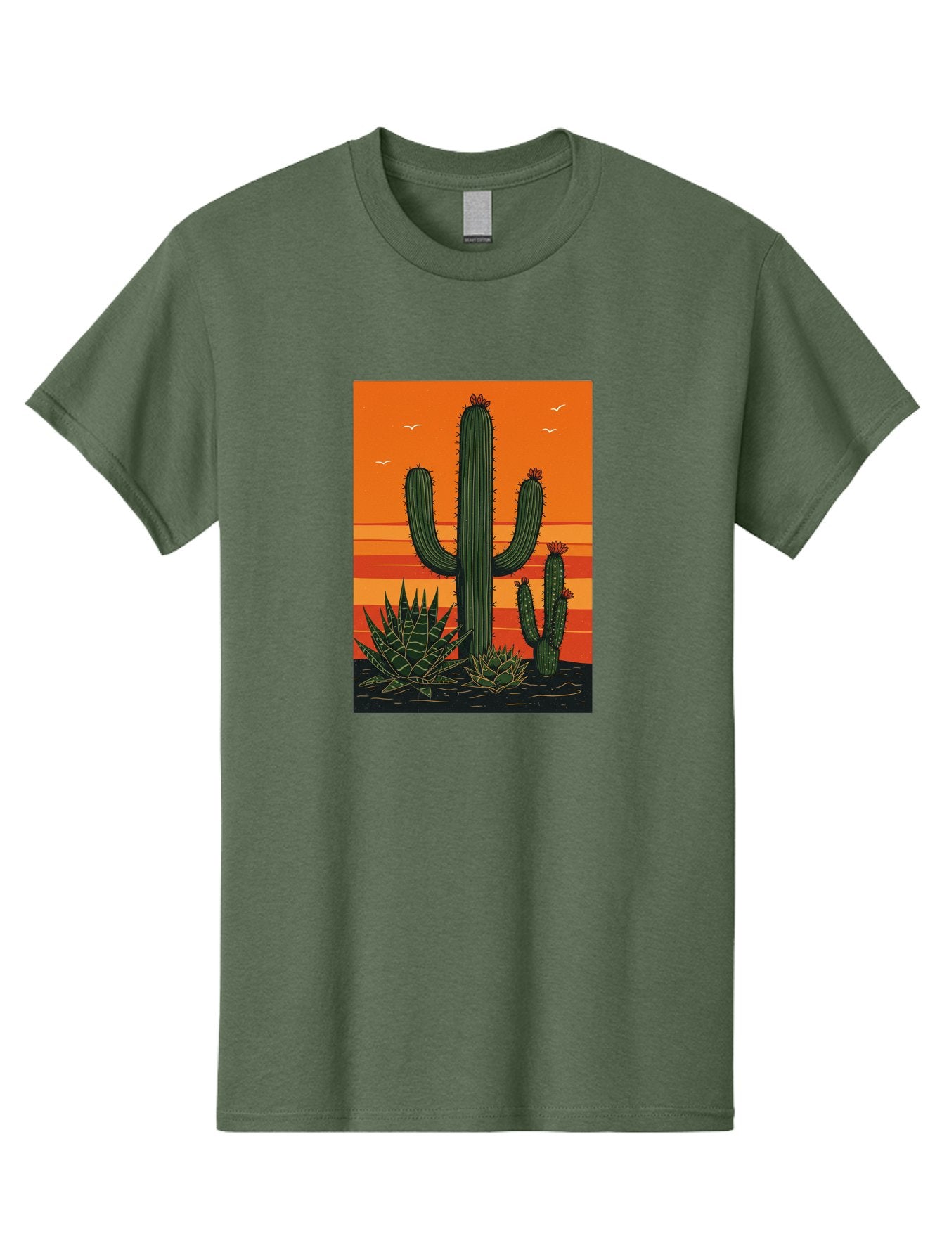 Cactus-Sunset-1 Men'S Graphic Tee, 100% Cotton, Comfortable Casual Summer Wear, Machine Washable, Cactus And Agave Plants, Desert Landscape, Vibrant Sunset, Orange And Yellow Hues, Natural Beauty, Outdoor Scenery, Peaceful Atmosphere, Bac756 13