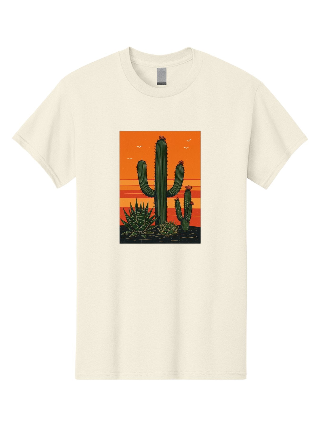 Cactus-Sunset-1 Men'S Graphic Tee, 100% Cotton, Comfortable Casual Summer Wear, Machine Washable, Cactus And Agave Plants, Desert Landscape, Vibrant Sunset, Orange And Yellow Hues, Natural Beauty, Outdoor Scenery, Peaceful Atmosphere, Bac756 5
