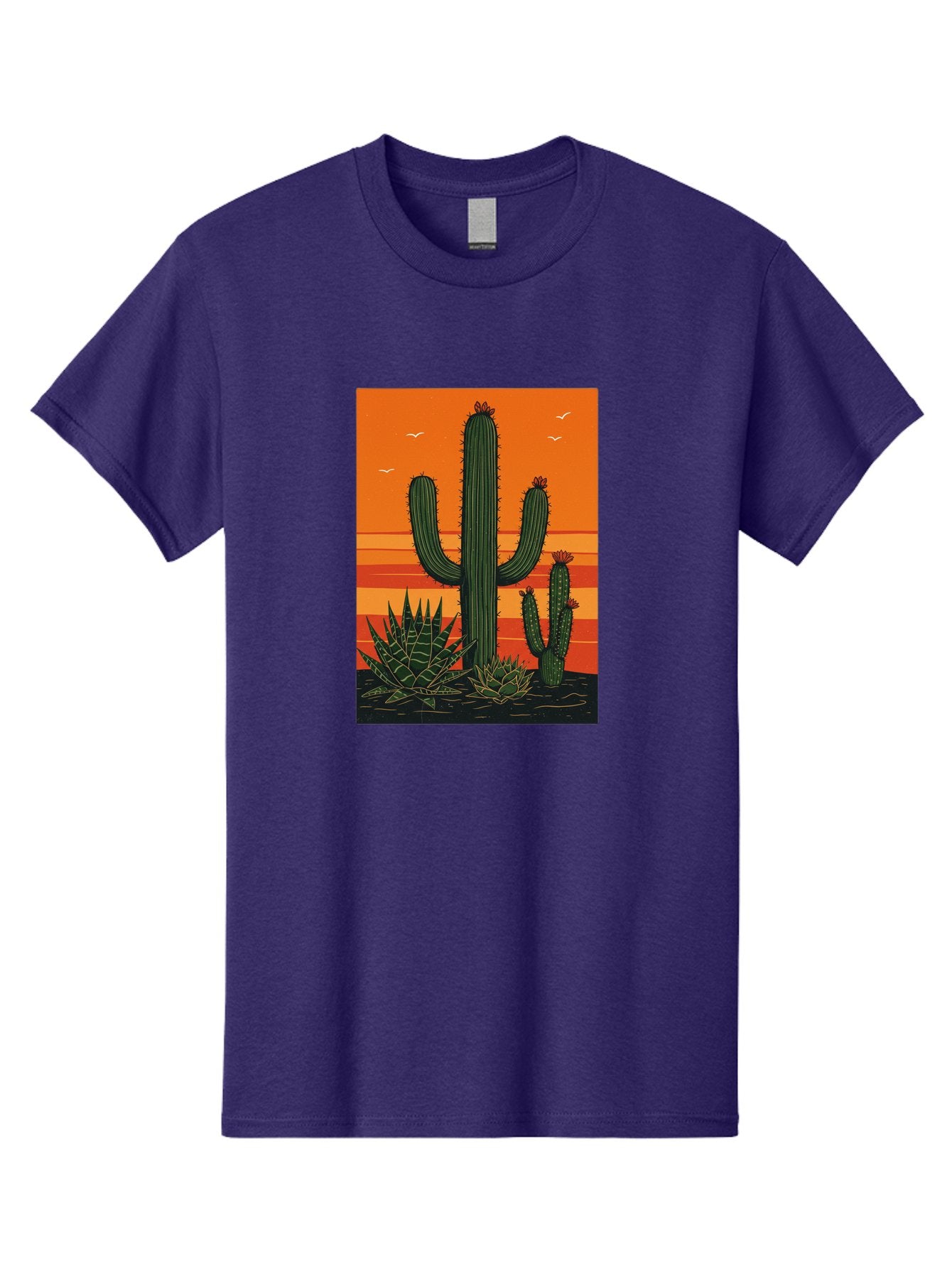 Cactus-Sunset-1 Men'S Graphic Tee, 100% Cotton, Comfortable Casual Summer Wear, Machine Washable, Cactus And Agave Plants, Desert Landscape, Vibrant Sunset, Orange And Yellow Hues, Natural Beauty, Outdoor Scenery, Peaceful Atmosphere, Bac756