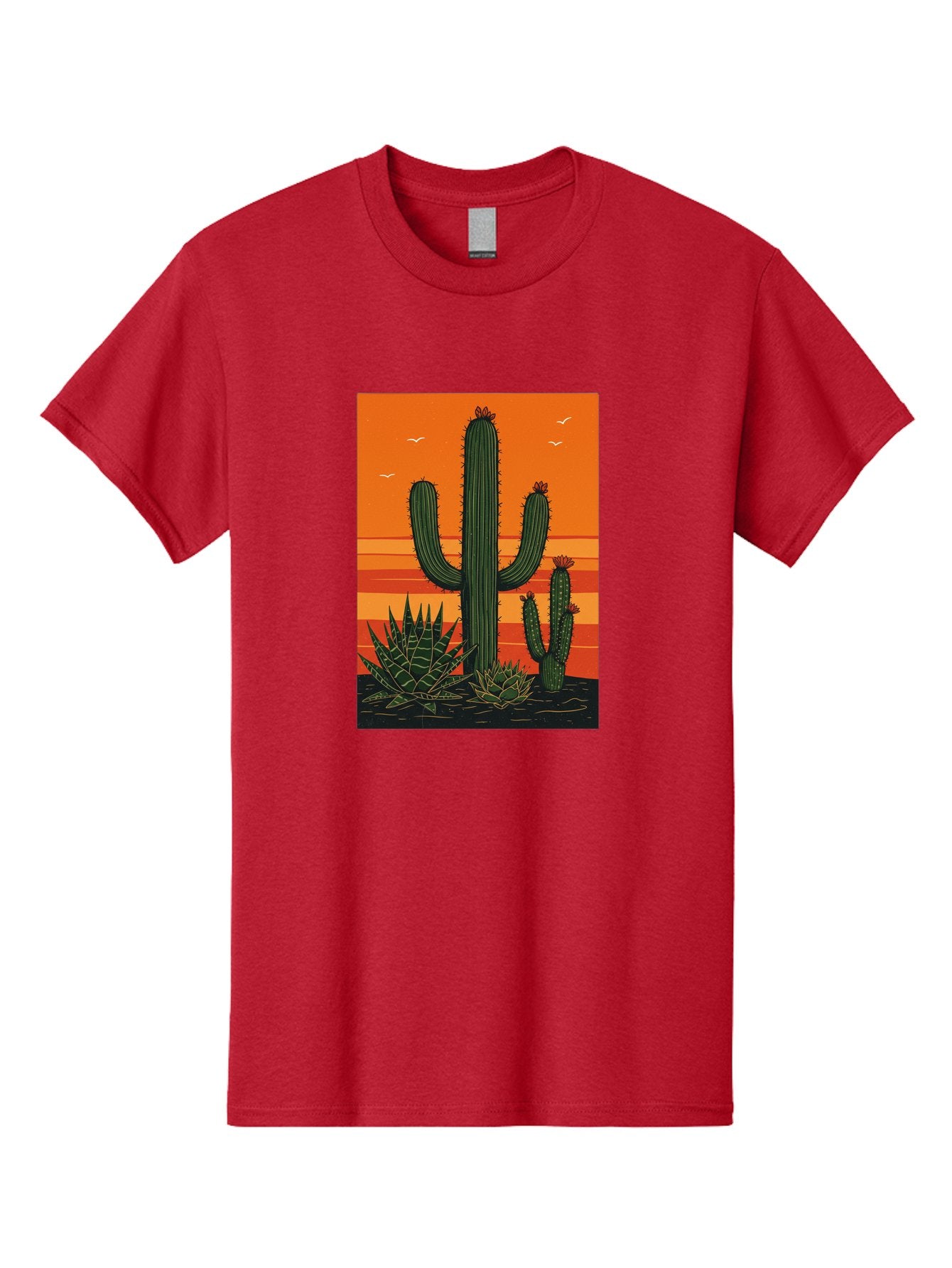 Cactus-Sunset-1 Men'S Graphic Tee, 100% Cotton, Comfortable Casual Summer Wear, Machine Washable, Cactus And Agave Plants, Desert Landscape, Vibrant Sunset, Orange And Yellow Hues, Natural Beauty, Outdoor Scenery, Peaceful Atmosphere, Bac756 11