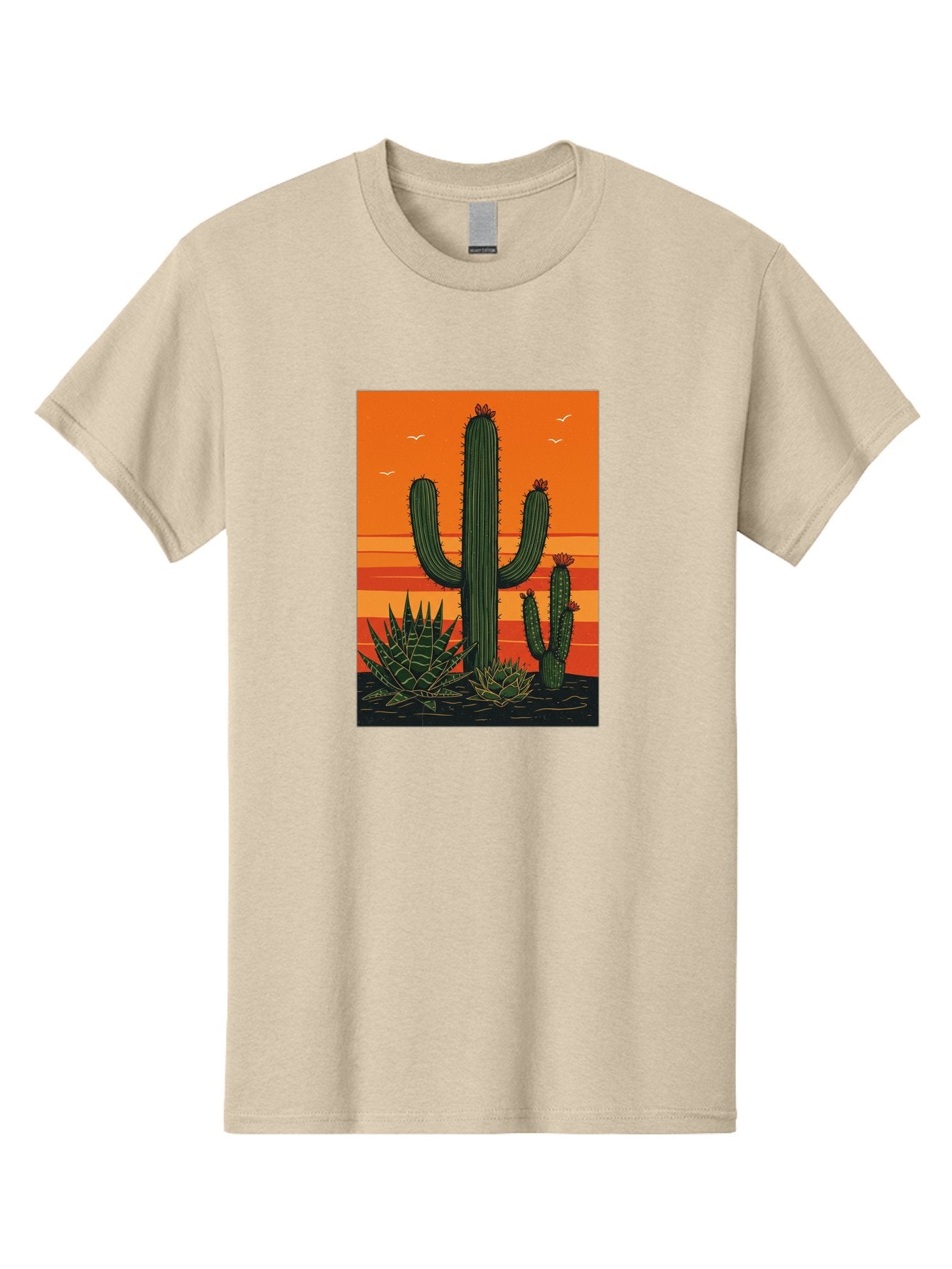 Cactus-Sunset-1 Men'S Graphic Tee, 100% Cotton, Comfortable Casual Summer Wear, Machine Washable, Cactus And Agave Plants, Desert Landscape, Vibrant Sunset, Orange And Yellow Hues, Natural Beauty, Outdoor Scenery, Peaceful Atmosphere, Bac756 10