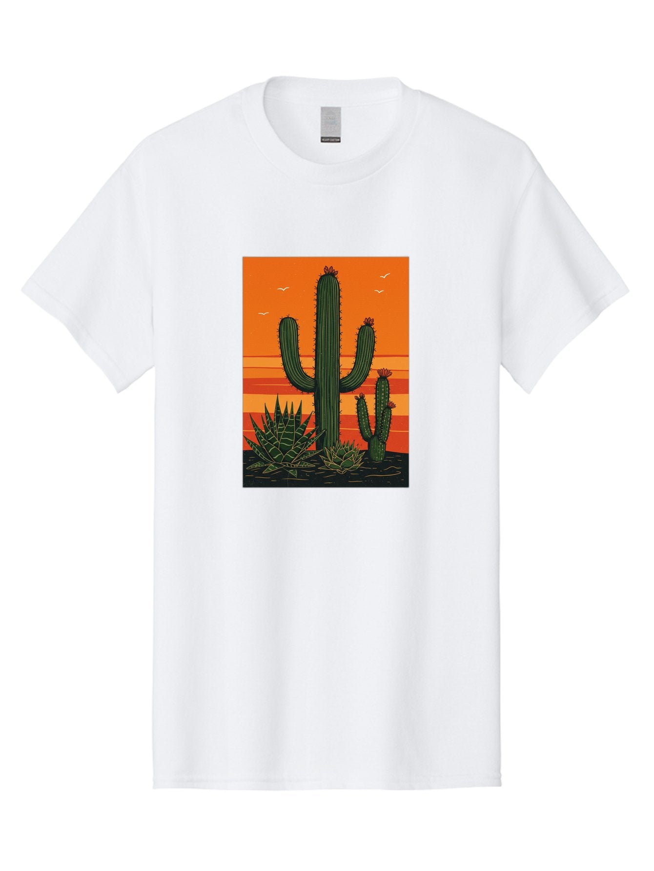 Cactus-Sunset-1 Men'S Graphic Tee, 100% Cotton, Comfortable Casual Summer Wear, Machine Washable, Cactus And Agave Plants, Desert Landscape, Vibrant Sunset, Orange And Yellow Hues, Natural Beauty, Outdoor Scenery, Peaceful Atmosphere, Bac756 4
