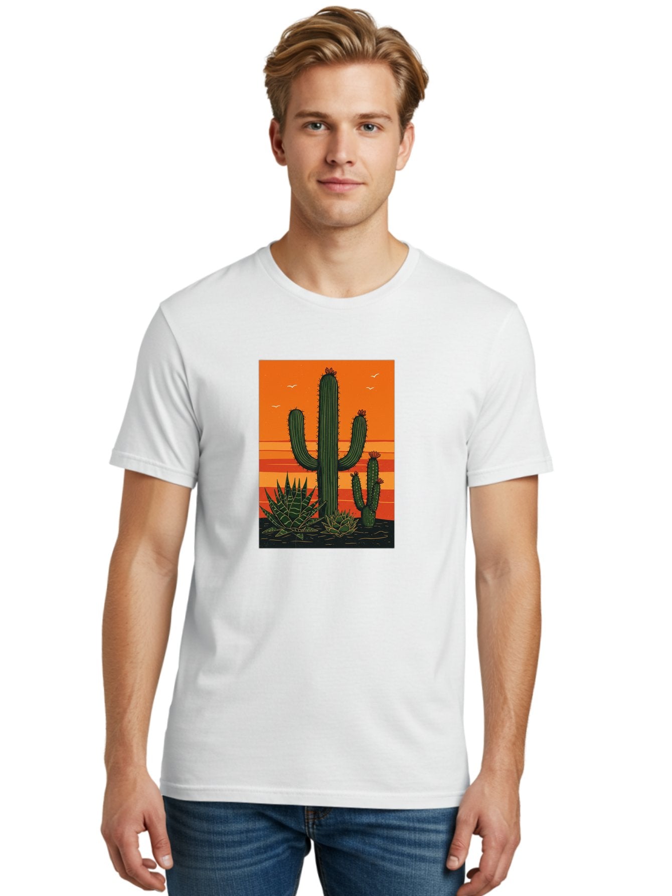 Cactus-Sunset-1 Men'S Graphic Tee, 100% Cotton, Comfortable Casual Summer Wear, Machine Washable, Cactus And Agave Plants, Desert Landscape, Vibrant Sunset, Orange And Yellow Hues, Natural Beauty, Outdoor Scenery, Peaceful Atmosphere, Bac756 18