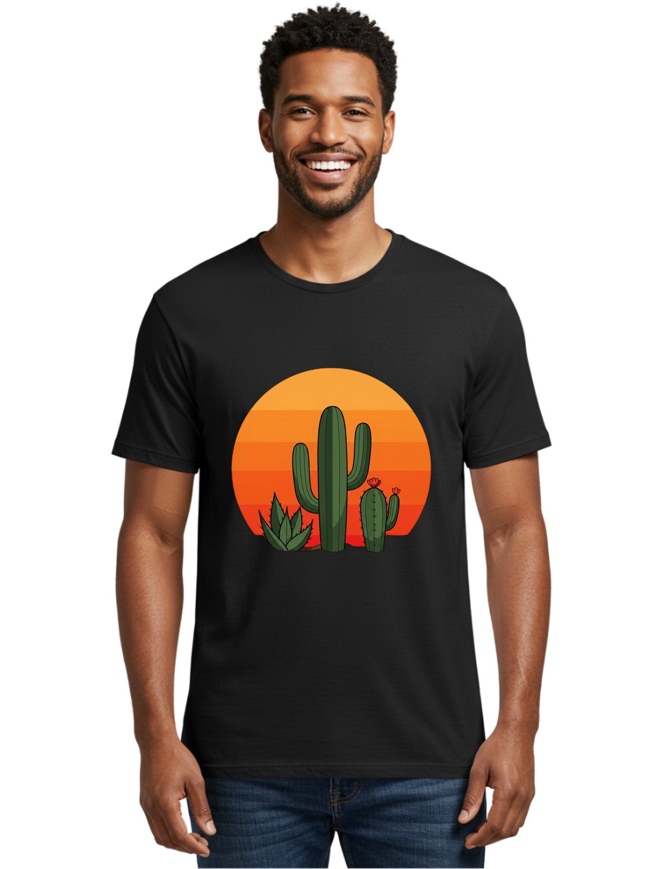 Cactus-Sunset Men'S Graphic Tee, 100% Cotton, Comfortable Casual Summer Wear, Machine Washable, Desert Landscape, Cacti And Succulents, Orange Sunset, Vibrant Colors, Desert Plants, Serene Atmosphere, Southwest Scenery, Natural Beauty Bac757 23