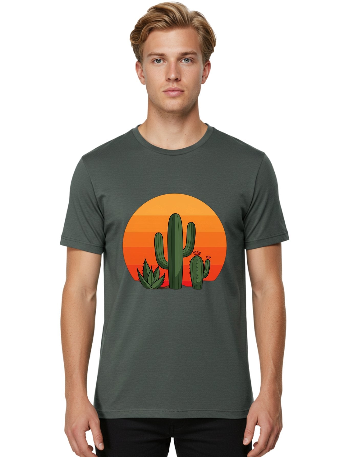 Cactus-Sunset Men'S Graphic Tee, 100% Cotton, Comfortable Casual Summer Wear, Machine Washable, Desert Landscape, Cacti And Succulents, Orange Sunset, Vibrant Colors, Desert Plants, Serene Atmosphere, Southwest Scenery, Natural Beauty Bac757 27