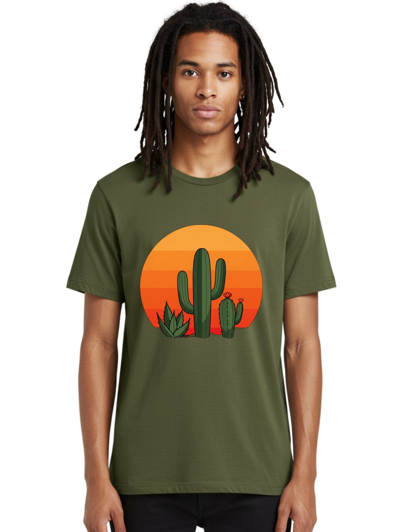 Cactus-Sunset Men'S Graphic Tee, 100% Cotton, Comfortable Casual Summer Wear, Machine Washable, Desert Landscape, Cacti And Succulents, Orange Sunset, Vibrant Colors, Desert Plants, Serene Atmosphere, Southwest Scenery, Natural Beauty Bac757 21