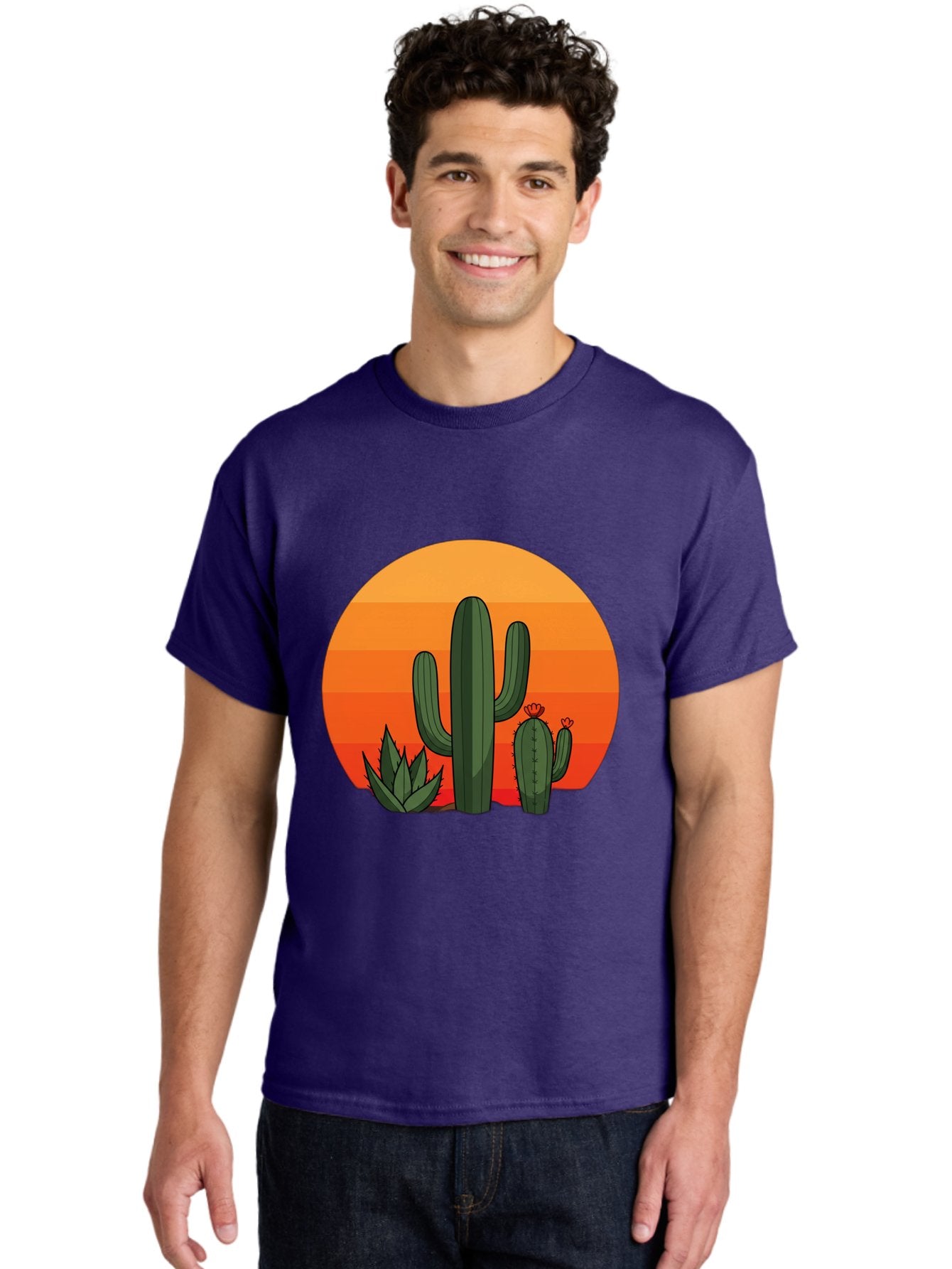 Cactus-Sunset Men'S Graphic Tee, 100% Cotton, Comfortable Casual Summer Wear, Machine Washable, Desert Landscape, Cacti And Succulents, Orange Sunset, Vibrant Colors, Desert Plants, Serene Atmosphere, Southwest Scenery, Natural Beauty Bac757 28