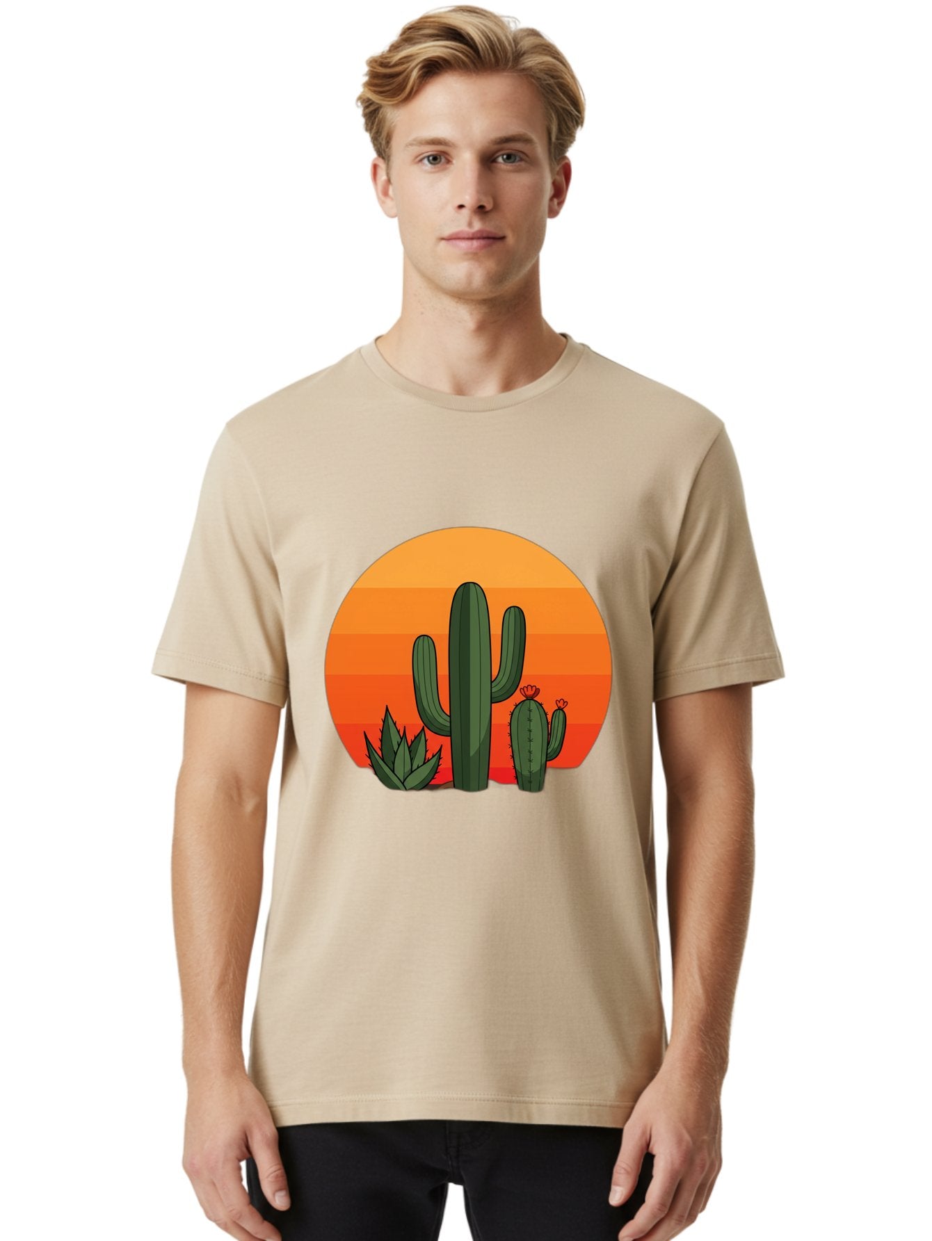 Cactus-Sunset Men'S Graphic Tee, 100% Cotton, Comfortable Casual Summer Wear, Machine Washable, Desert Landscape, Cacti And Succulents, Orange Sunset, Vibrant Colors, Desert Plants, Serene Atmosphere, Southwest Scenery, Natural Beauty Bac757 29