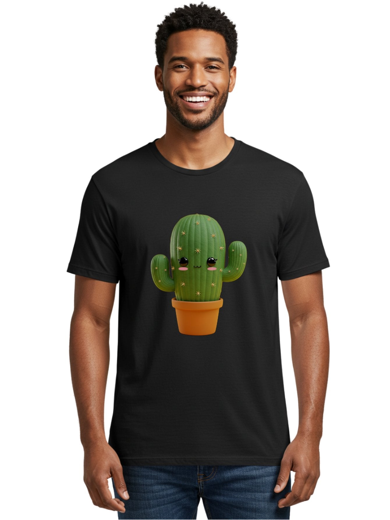 Cactus-With-Face Men'S Graphic Tee, 100% Cotton, Comfortable Casual Summer Wear, Machine Washable, Cartoon Cactus, Potted Plant, Cute Desert Plant, Kawaii Cactus, Smiling Face, Yellow Stars, Terracotta Pot, Adorable Home Decor Bac759 20
