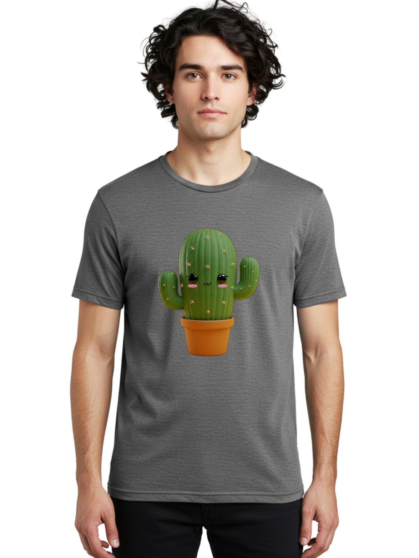 Cactus-With-Face Men'S Graphic Tee, 100% Cotton, Comfortable Casual Summer Wear, Machine Washable, Cartoon Cactus, Potted Plant, Cute Desert Plant, Kawaii Cactus, Smiling Face, Yellow Stars, Terracotta Pot, Adorable Home Decor Bac759 25