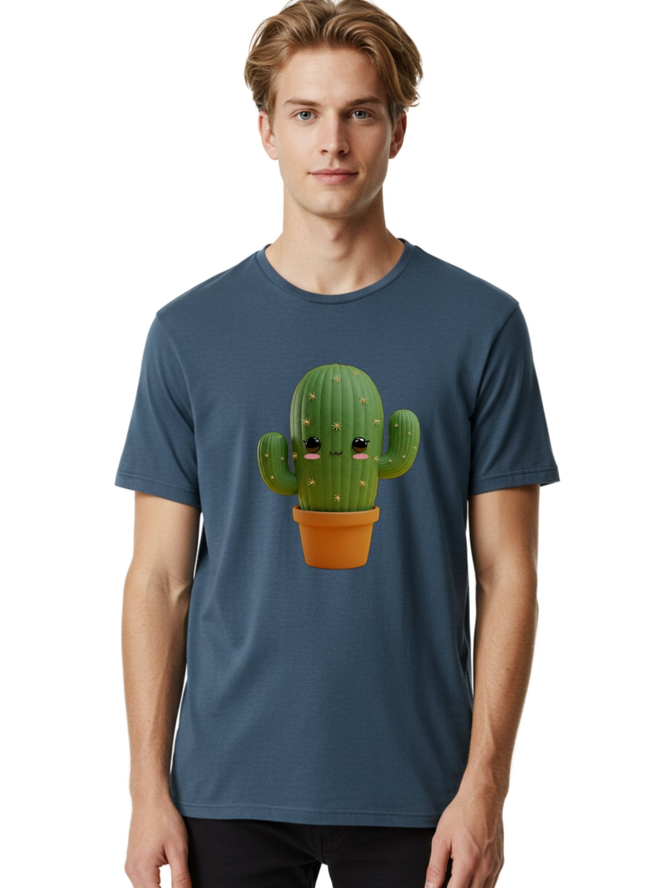 Cactus-With-Face Men'S Graphic Tee, 100% Cotton, Comfortable Casual Summer Wear, Machine Washable, Cartoon Cactus, Potted Plant, Cute Desert Plant, Kawaii Cactus, Smiling Face, Yellow Stars, Terracotta Pot, Adorable Home Decor Bac759 30