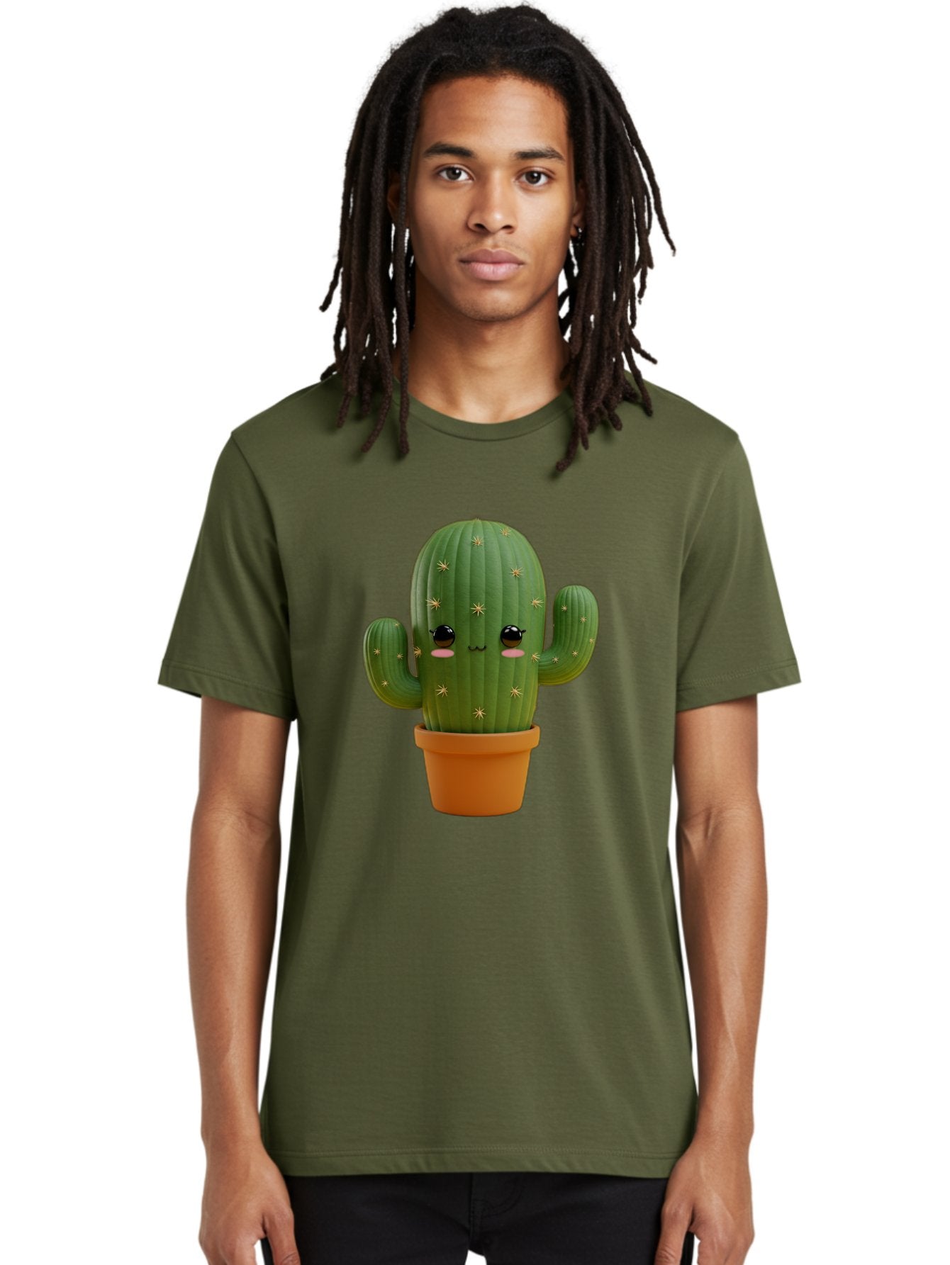 Cactus-With-Face Men'S Graphic Tee, 100% Cotton, Comfortable Casual Summer Wear, Machine Washable, Cartoon Cactus, Potted Plant, Cute Desert Plant, Kawaii Cactus, Smiling Face, Yellow Stars, Terracotta Pot, Adorable Home Decor Bac759 18