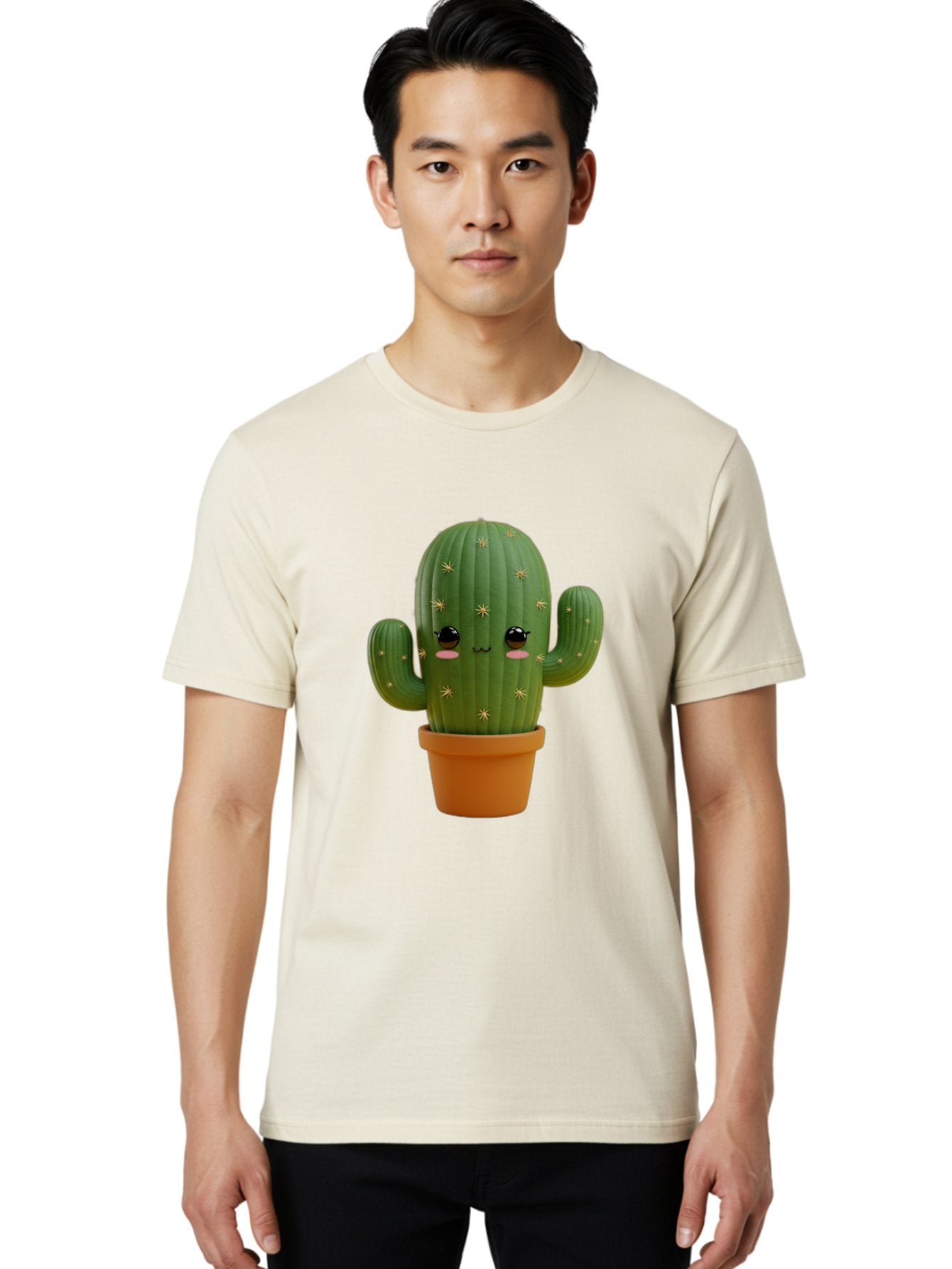 Cactus-With-Face Men'S Graphic Tee, 100% Cotton, Comfortable Casual Summer Wear, Machine Washable, Cartoon Cactus, Potted Plant, Cute Desert Plant, Kawaii Cactus, Smiling Face, Yellow Stars, Terracotta Pot, Adorable Home Decor Bac759 17