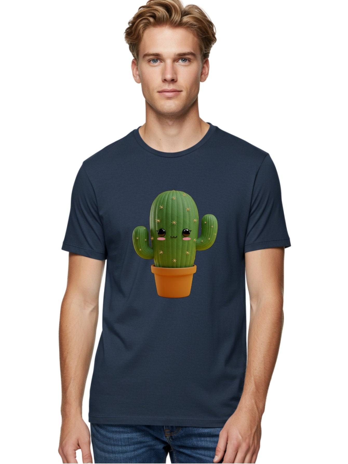 Cactus-With-Face Men'S Graphic Tee, 100% Cotton, Comfortable Casual Summer Wear, Machine Washable, Cartoon Cactus, Potted Plant, Cute Desert Plant, Kawaii Cactus, Smiling Face, Yellow Stars, Terracotta Pot, Adorable Home Decor Bac759 16