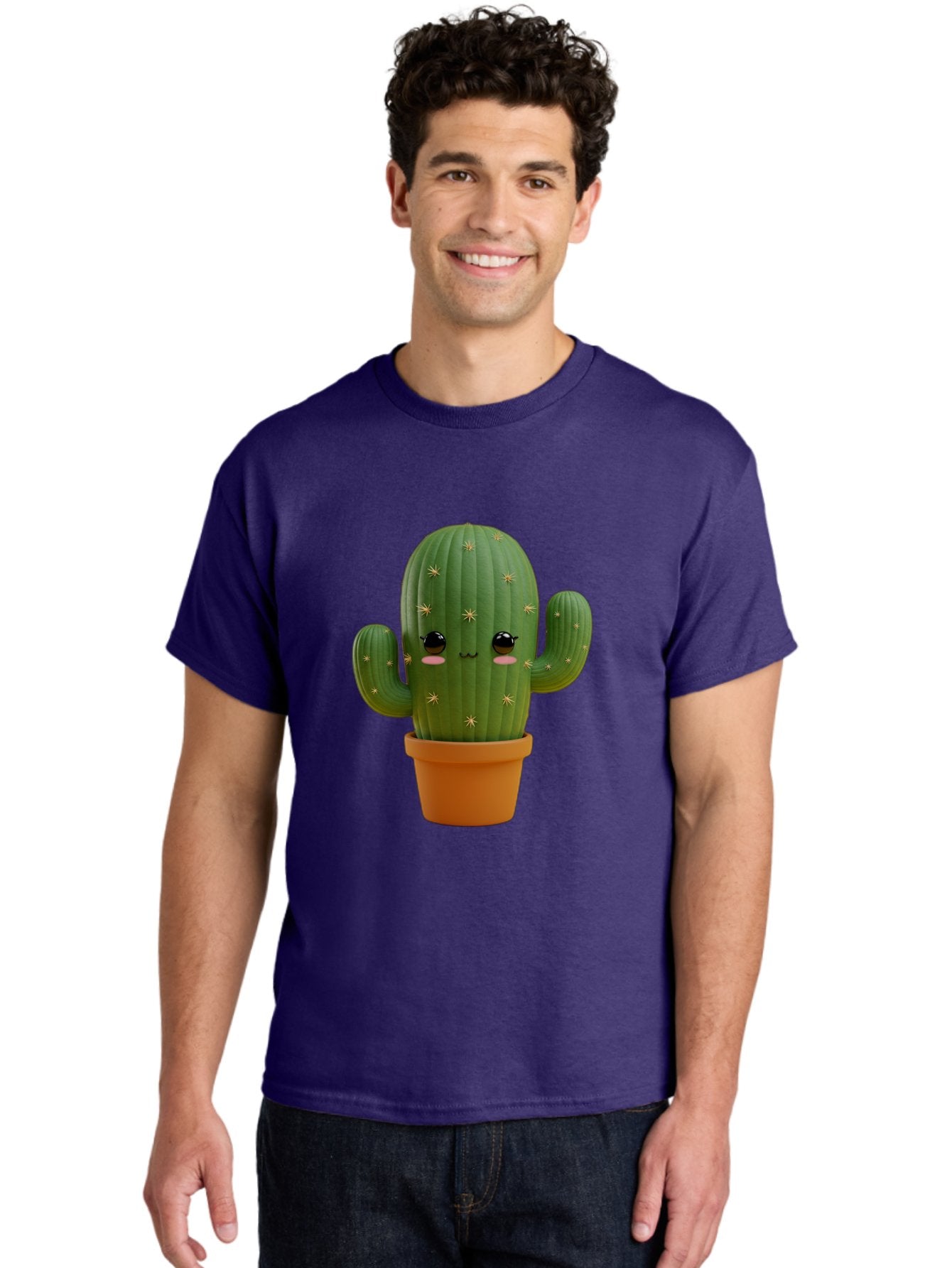 Cactus-With-Face Men'S Graphic Tee, 100% Cotton, Comfortable Casual Summer Wear, Machine Washable, Cartoon Cactus, Potted Plant, Cute Desert Plant, Kawaii Cactus, Smiling Face, Yellow Stars, Terracotta Pot, Adorable Home Decor Bac759 23