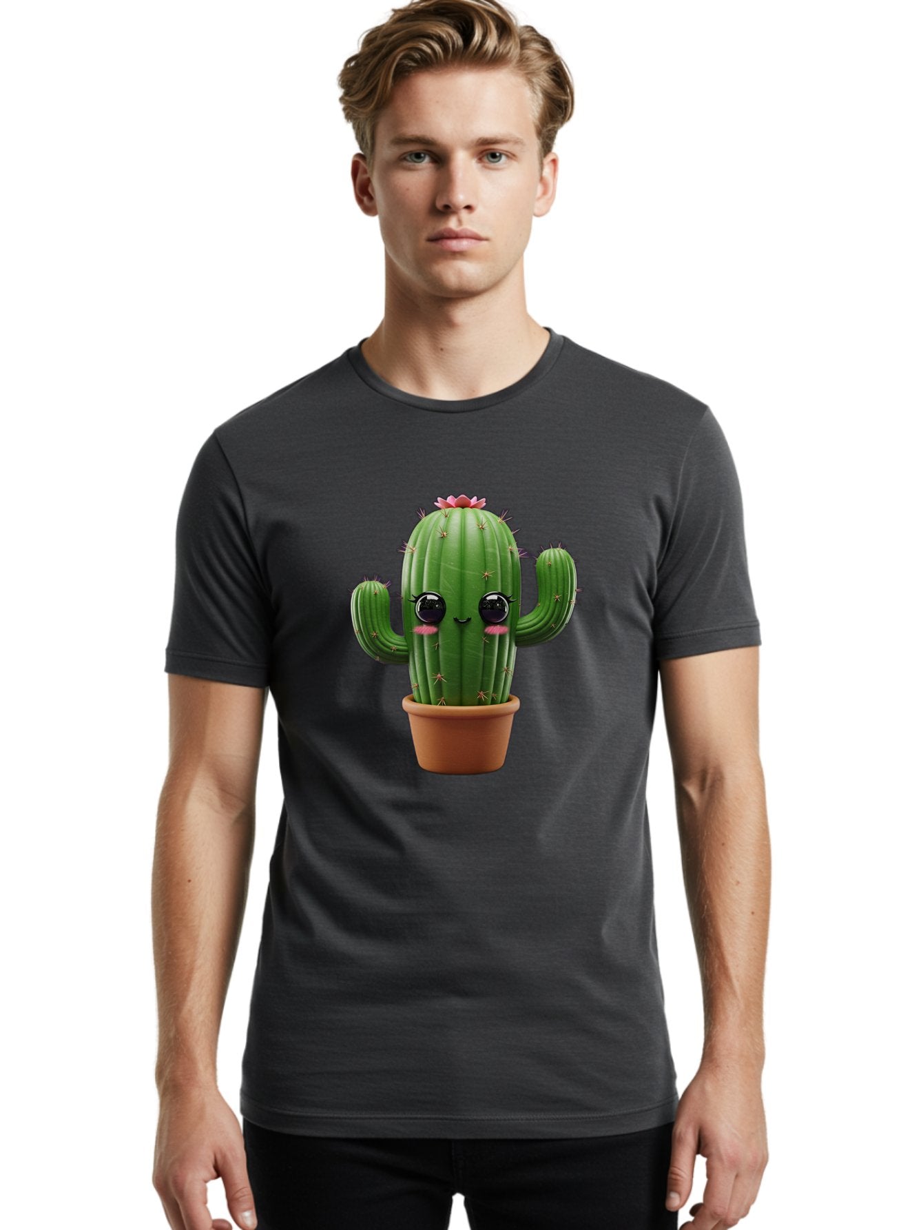Cactus-With-Pink-Flower-1 Men'S Graphic Tee, 100% Cotton, Comfortable Casual Summer Wear, Machine Washable, Cartoon Cactus, Potted Cactus, Cute Cactus, Cactus With Flower, Smiling Cactus, Adorable Plant, Desert Plant, Succulent, Bac760 22