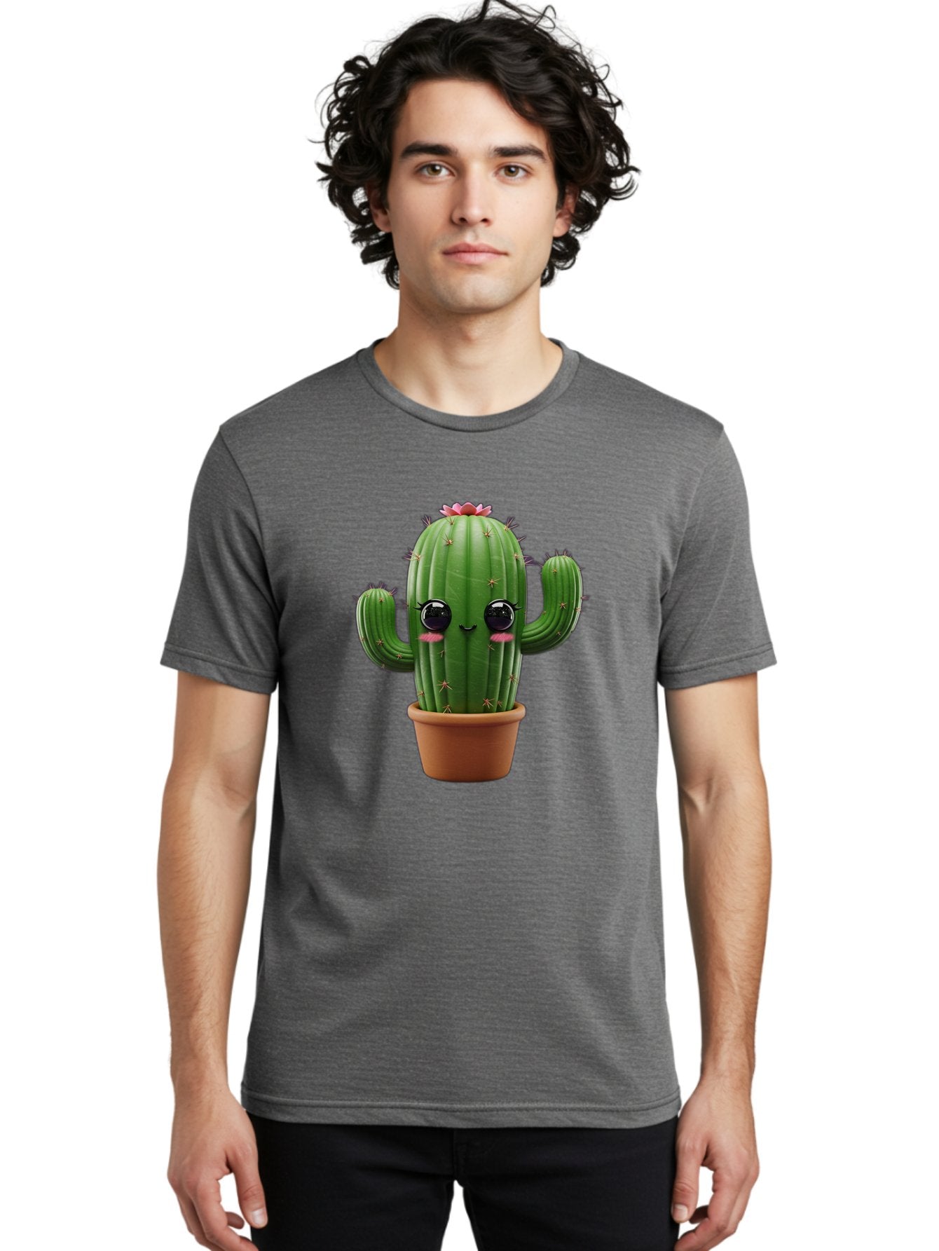 Cactus-With-Pink-Flower-1 Men'S Graphic Tee, 100% Cotton, Comfortable Casual Summer Wear, Machine Washable, Cartoon Cactus, Potted Cactus, Cute Cactus, Cactus With Flower, Smiling Cactus, Adorable Plant, Desert Plant, Succulent, Bac760 24
