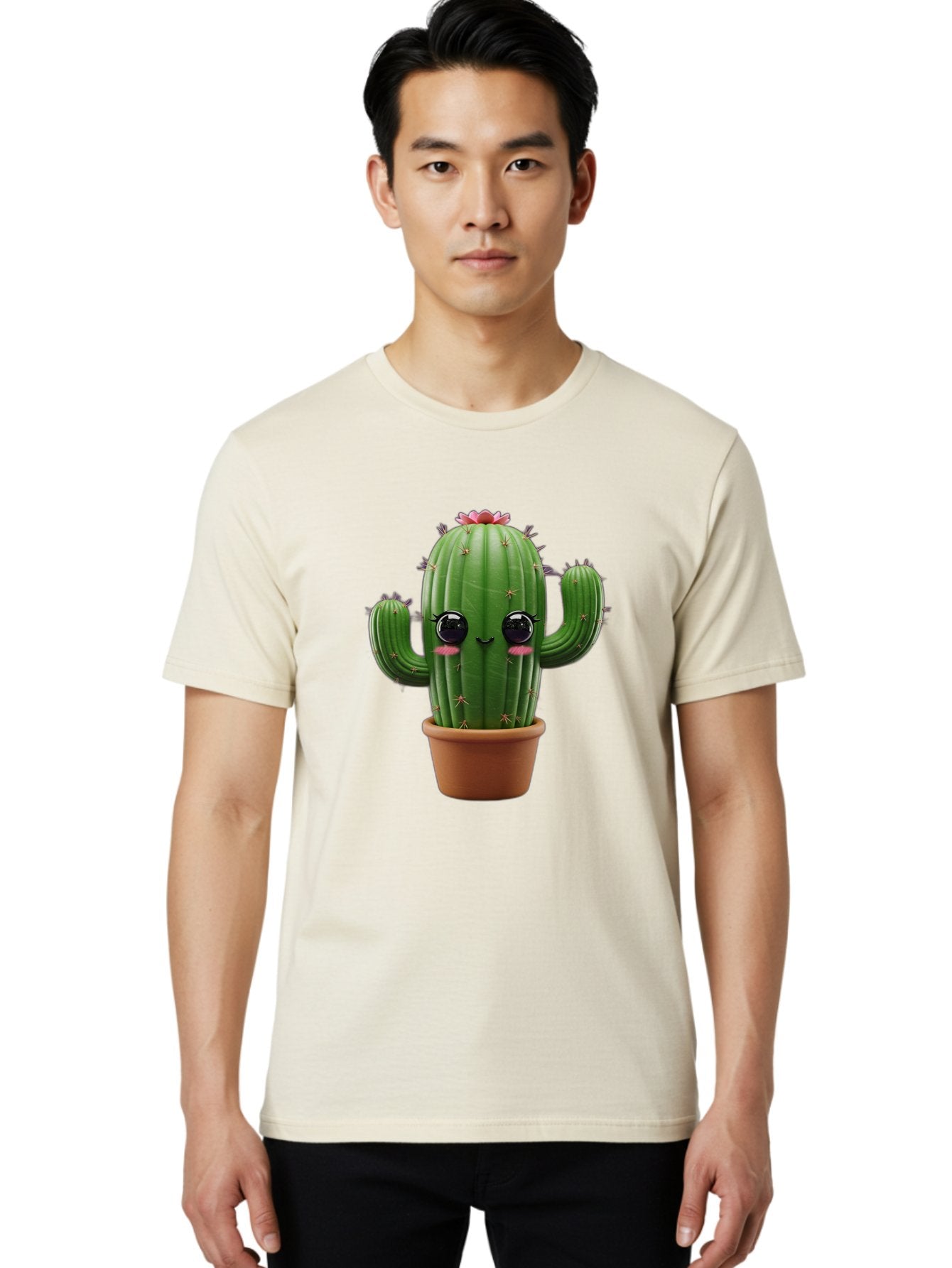 Cactus-With-Pink-Flower-1 Men'S Graphic Tee, 100% Cotton, Comfortable Casual Summer Wear, Machine Washable, Cartoon Cactus, Potted Cactus, Cute Cactus, Cactus With Flower, Smiling Cactus, Adorable Plant, Desert Plant, Succulent, Bac760 21