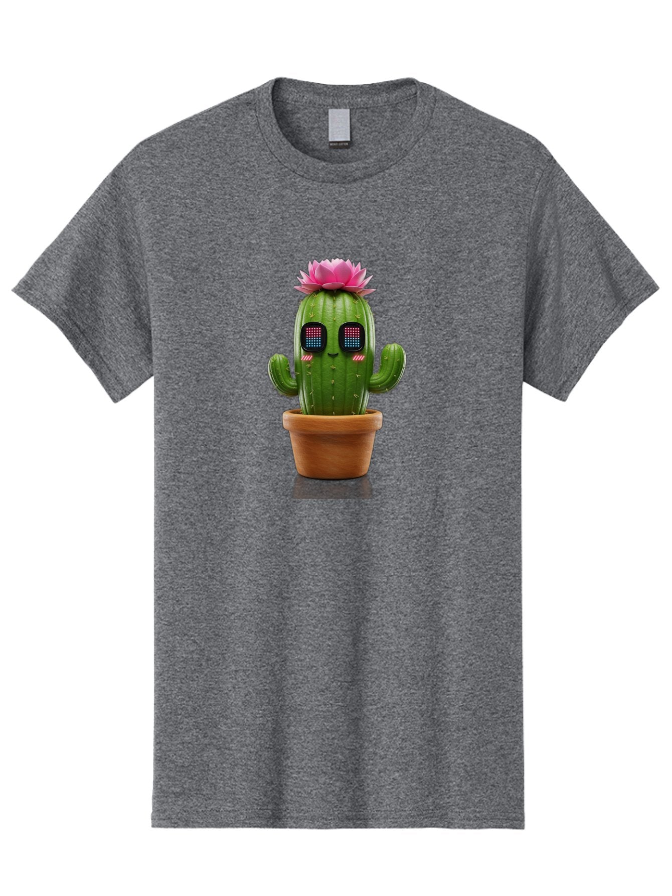 Cactus-With-Pink-Flower-2 Men'S Graphic Tee, 100% Cotton, Comfortable Casual Summer Wear, Machine Washable, Cactus With Digital Eyes, Pink Flower, Terracotta Pot, Futuristic Design, Kawaii Style, Prickly Charm, Unique Decor, Bac761