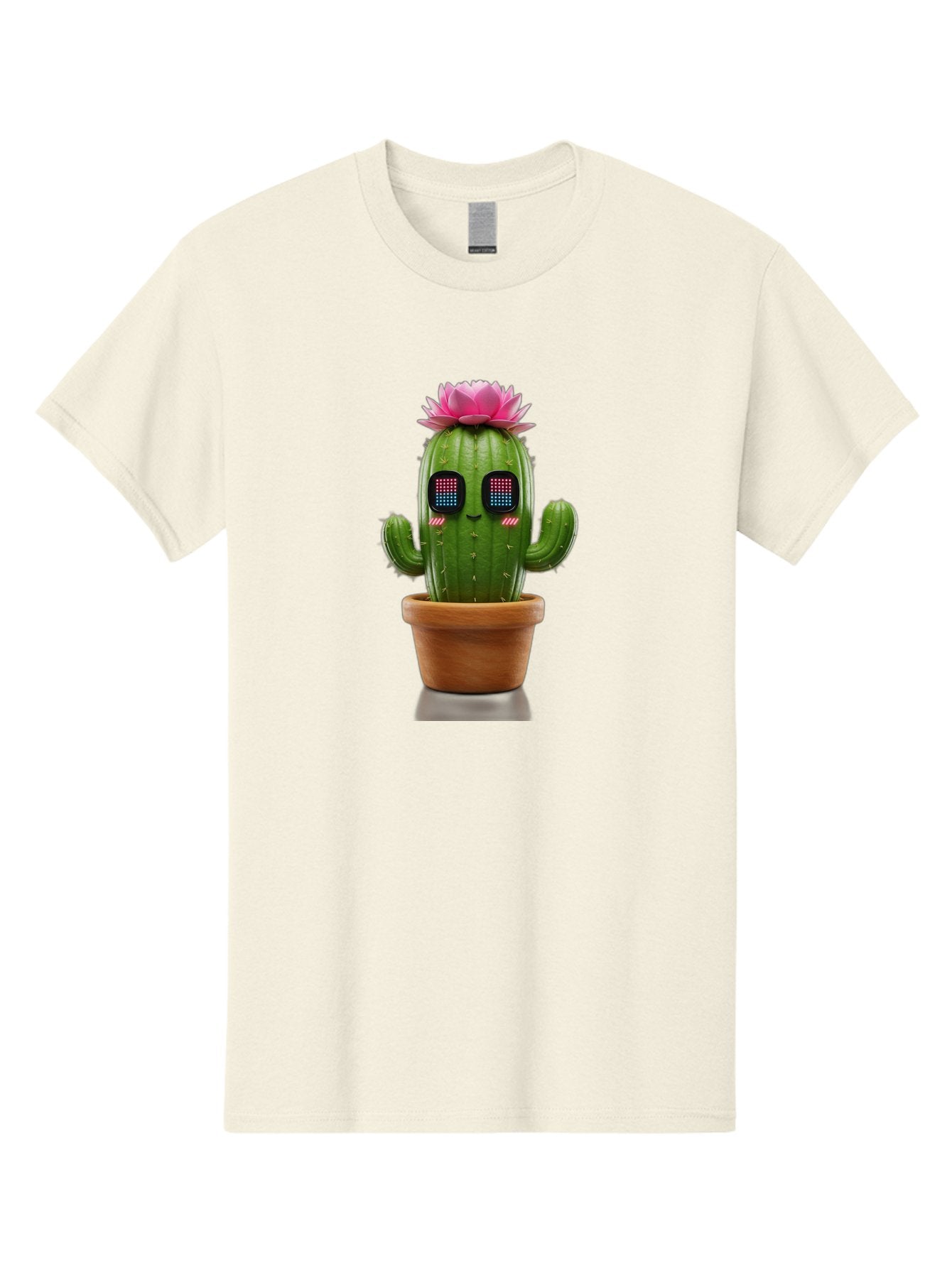 Cactus-With-Pink-Flower-2 Men'S Graphic Tee, 100% Cotton, Comfortable Casual Summer Wear, Machine Washable, Cactus With Digital Eyes, Pink Flower, Terracotta Pot, Futuristic Design, Kawaii Style, Prickly Charm, Unique Decor, Bac761