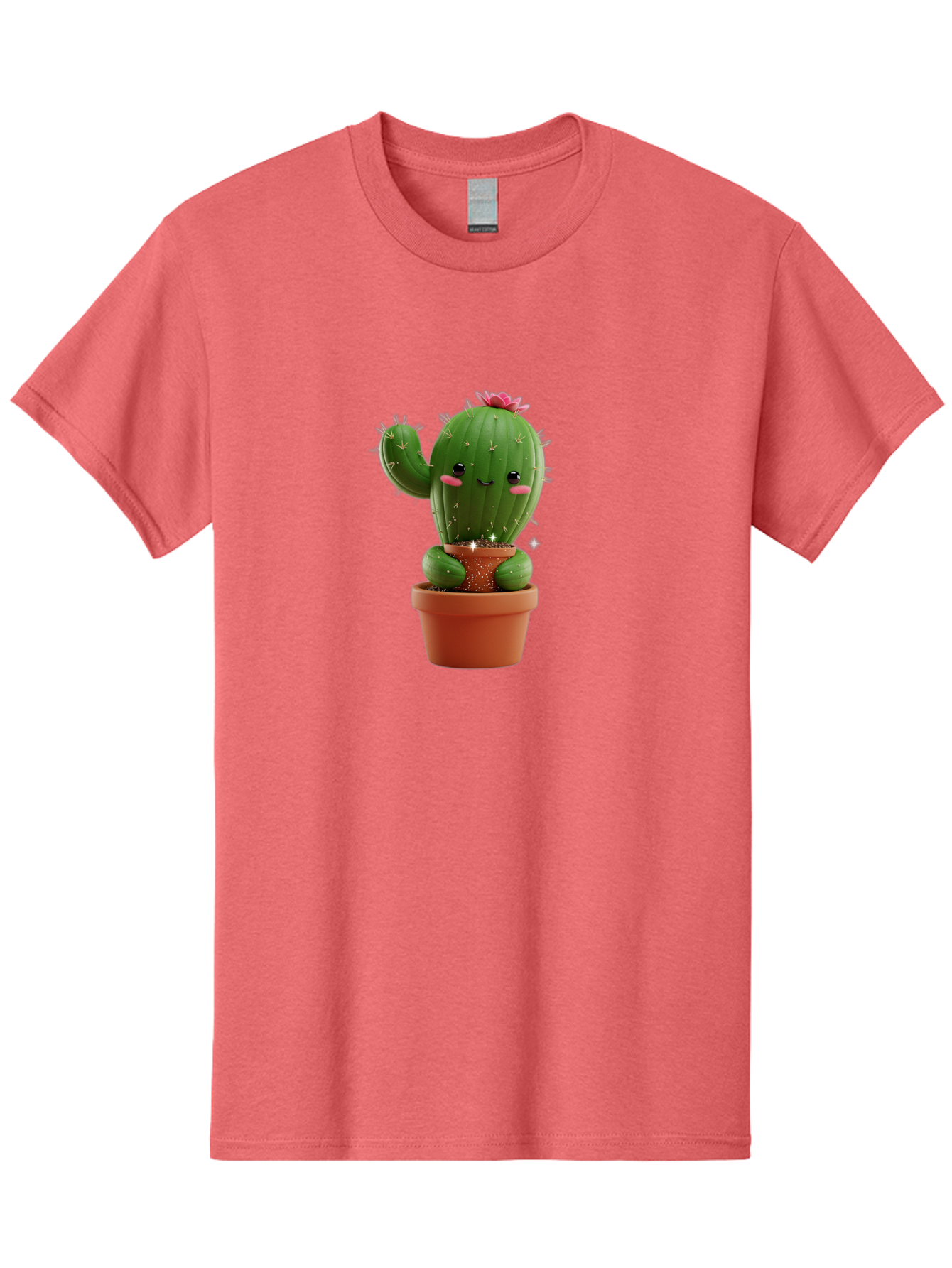 Cactus-With-Pink-Flower Men'S Graphic Tee, 100% Cotton, Comfortable Casual Summer Wear, Machine Washable, Smiling Cactus, Potted Cactus, Cartoon Cactus, Lovely Cactus, Cactus In Pot, Succulent Plant, Cute Character, Kawaii Cactus, Bac762 8