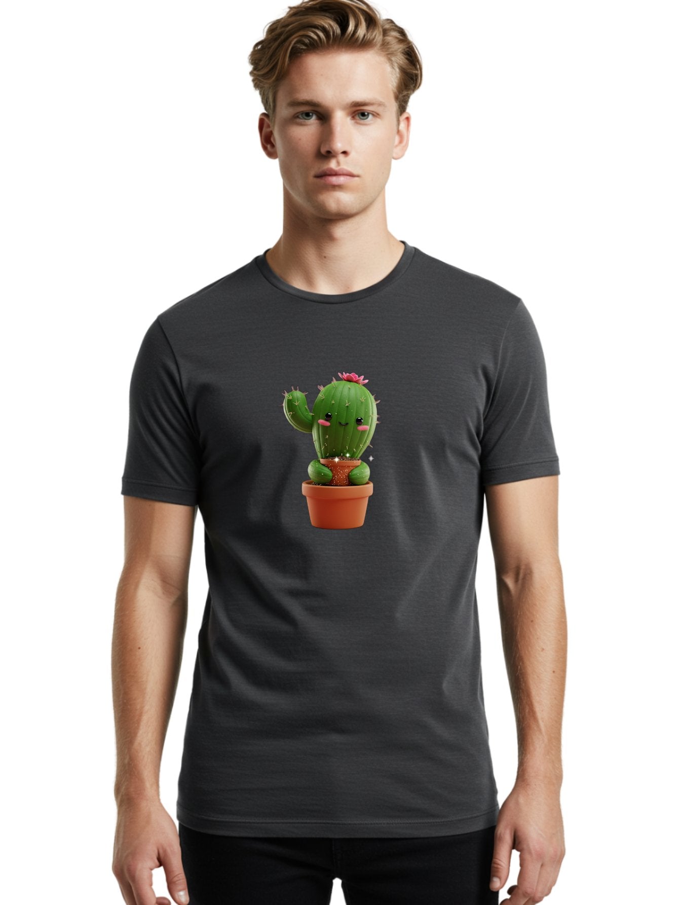 Cactus-With-Pink-Flower Men'S Graphic Tee, 100% Cotton, Comfortable Casual Summer Wear, Machine Washable, Smiling Cactus, Potted Cactus, Cartoon Cactus, Lovely Cactus, Cactus In Pot, Succulent Plant, Cute Character, Kawaii Cactus, Bac762 21