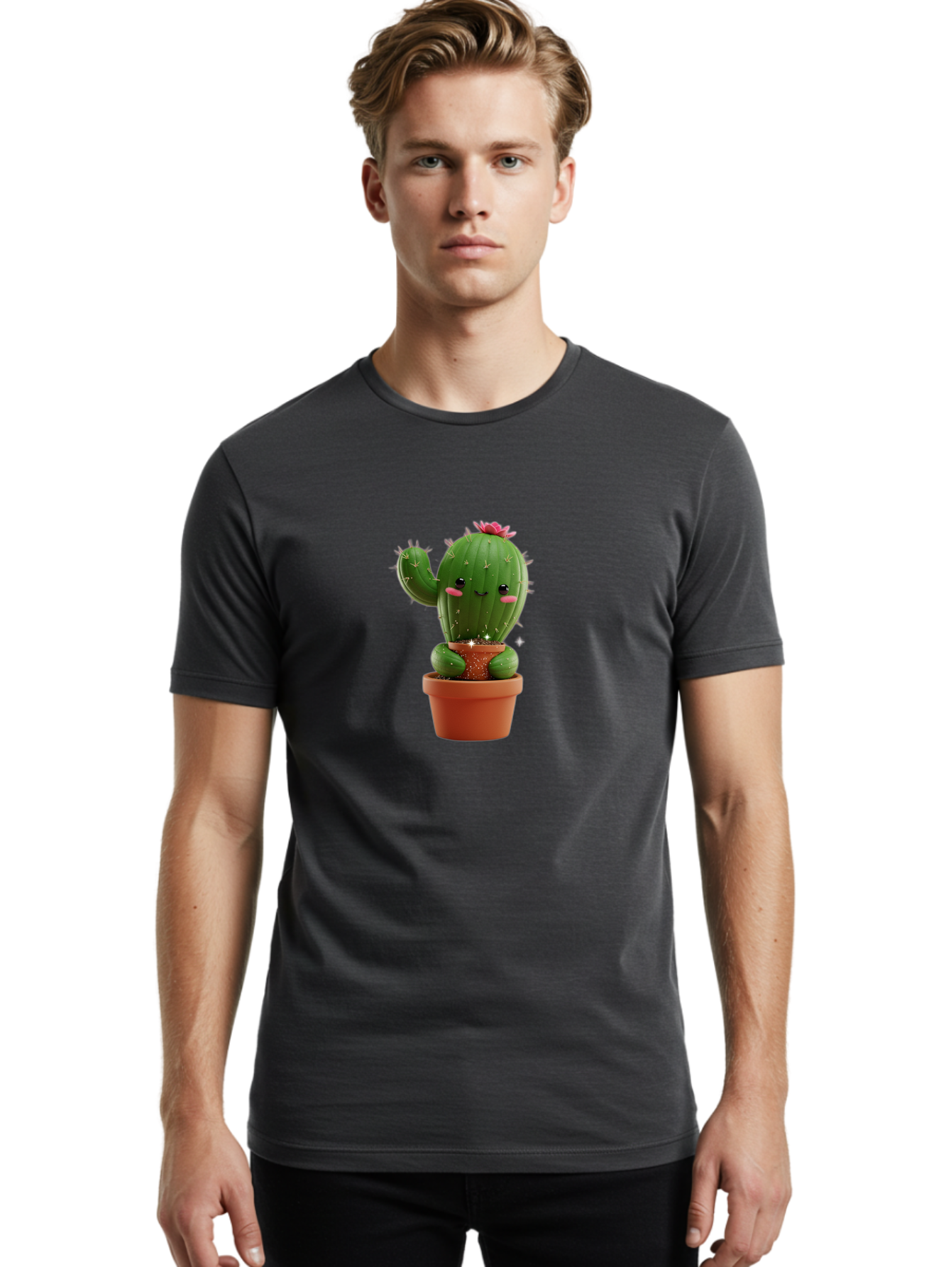 Cactus-With-Pink-Flower Men'S Graphic Tee, 100% Cotton, Comfortable Casual Summer Wear, Machine Washable, Smiling Cactus, Potted Cactus, Cartoon Cactus, Lovely Cactus, Cactus In Pot, Succulent Plant, Cute Character, Kawaii Cactus, Bac762 25
