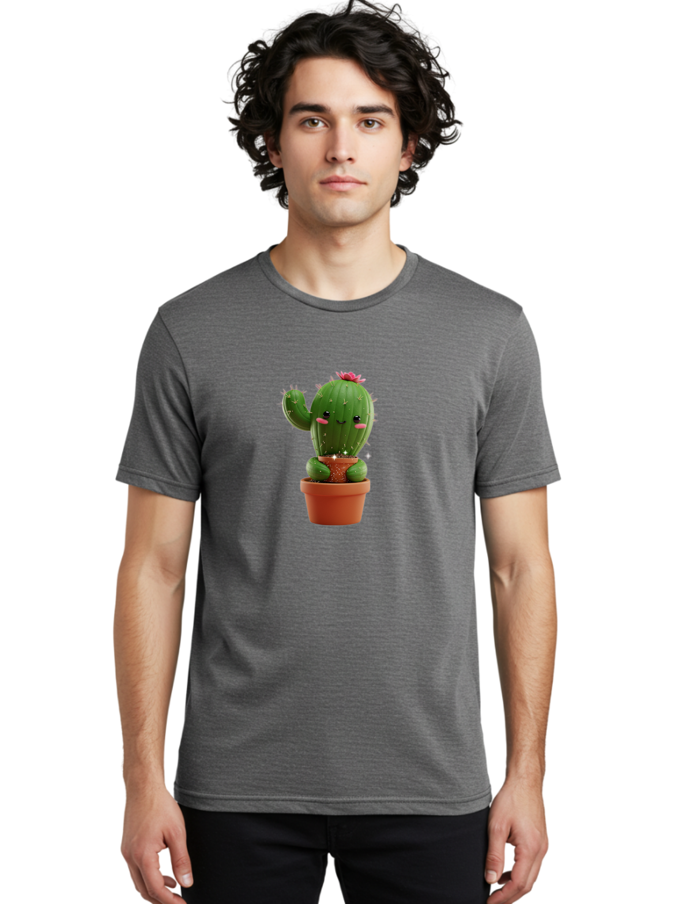 Cactus-With-Pink-Flower Men'S Graphic Tee, 100% Cotton, Comfortable Casual Summer Wear, Machine Washable, Smiling Cactus, Potted Cactus, Cartoon Cactus, Lovely Cactus, Cactus In Pot, Succulent Plant, Cute Character, Kawaii Cactus, Bac762 21