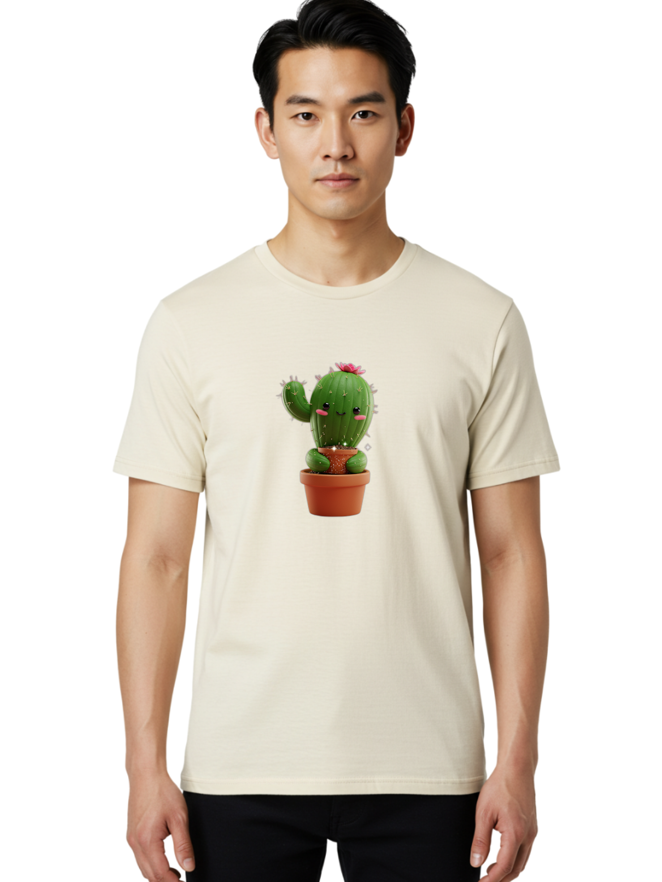 Cactus-With-Pink-Flower Men'S Graphic Tee, 100% Cotton, Comfortable Casual Summer Wear, Machine Washable, Smiling Cactus, Potted Cactus, Cartoon Cactus, Lovely Cactus, Cactus In Pot, Succulent Plant, Cute Character, Kawaii Cactus, Bac762 19