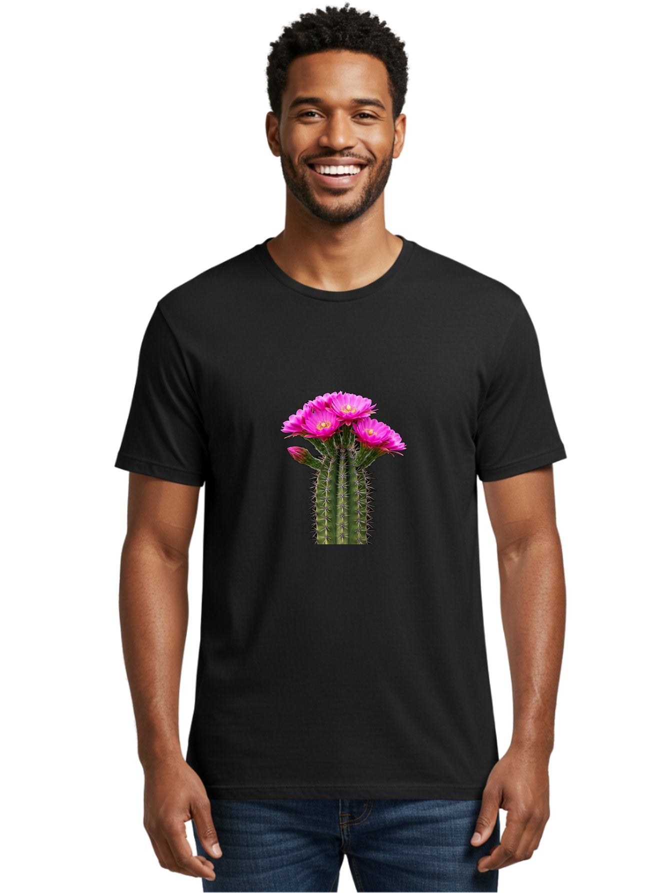 Cactus-With-Pink-Flowers Men'S Graphic Tee, 100% Cotton, Comfortable Casual Summer Wear, Machine Washable, Cactus With Pink Flowers, Vibrant Floral Display, Sharp Spines, Desert Plant, Flowering Cactus, Pink Petals, Yellow Center, Trichocereus Bac763 17